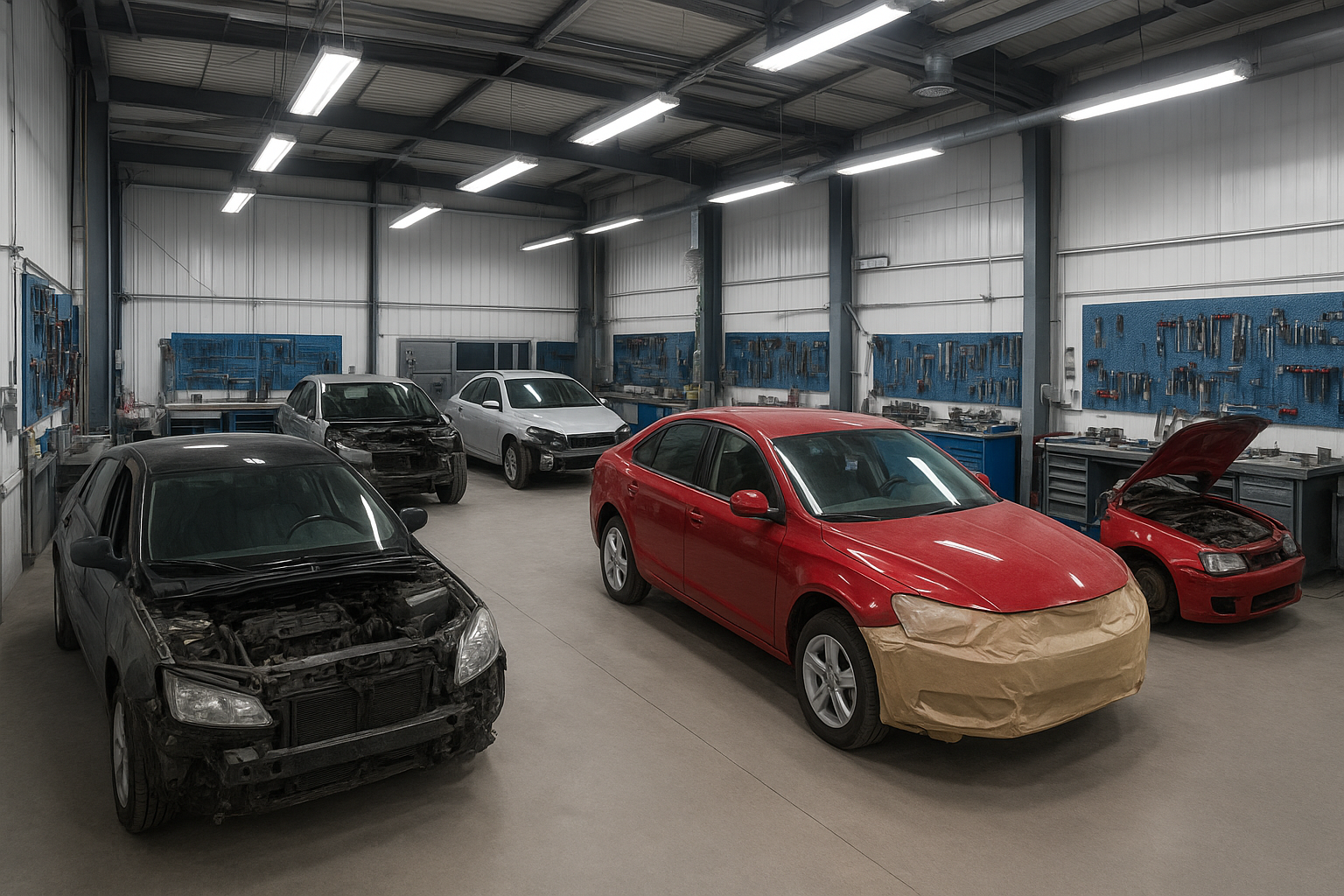 Interior of an auto body repair shop with vehicles at different repair stages