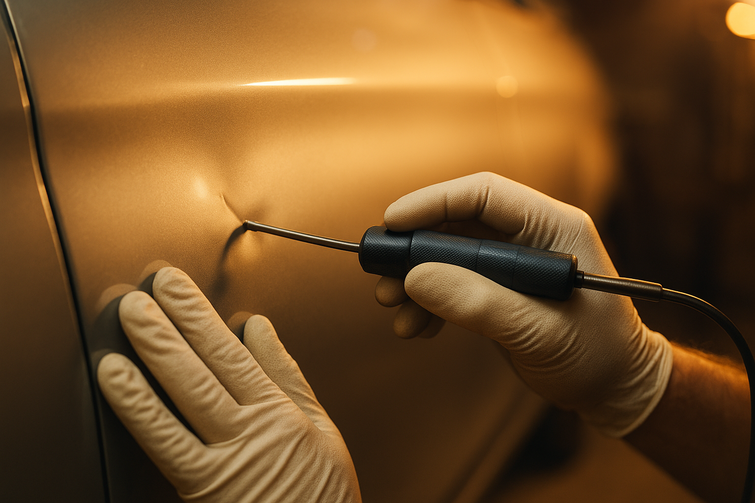 Close-up of precision dent removal being performed on a fleet vehicle door panel