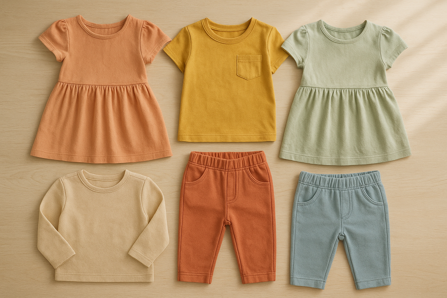 Curated stylish kids rental service clothing laid out on a wooden surface
