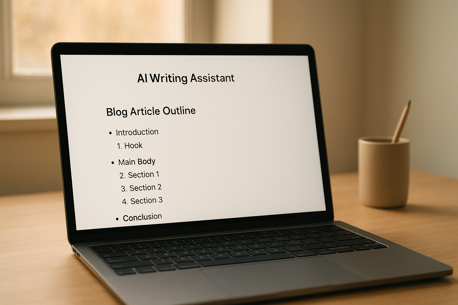 Laptop screen showing AI writing assistant generating a content marketing outline