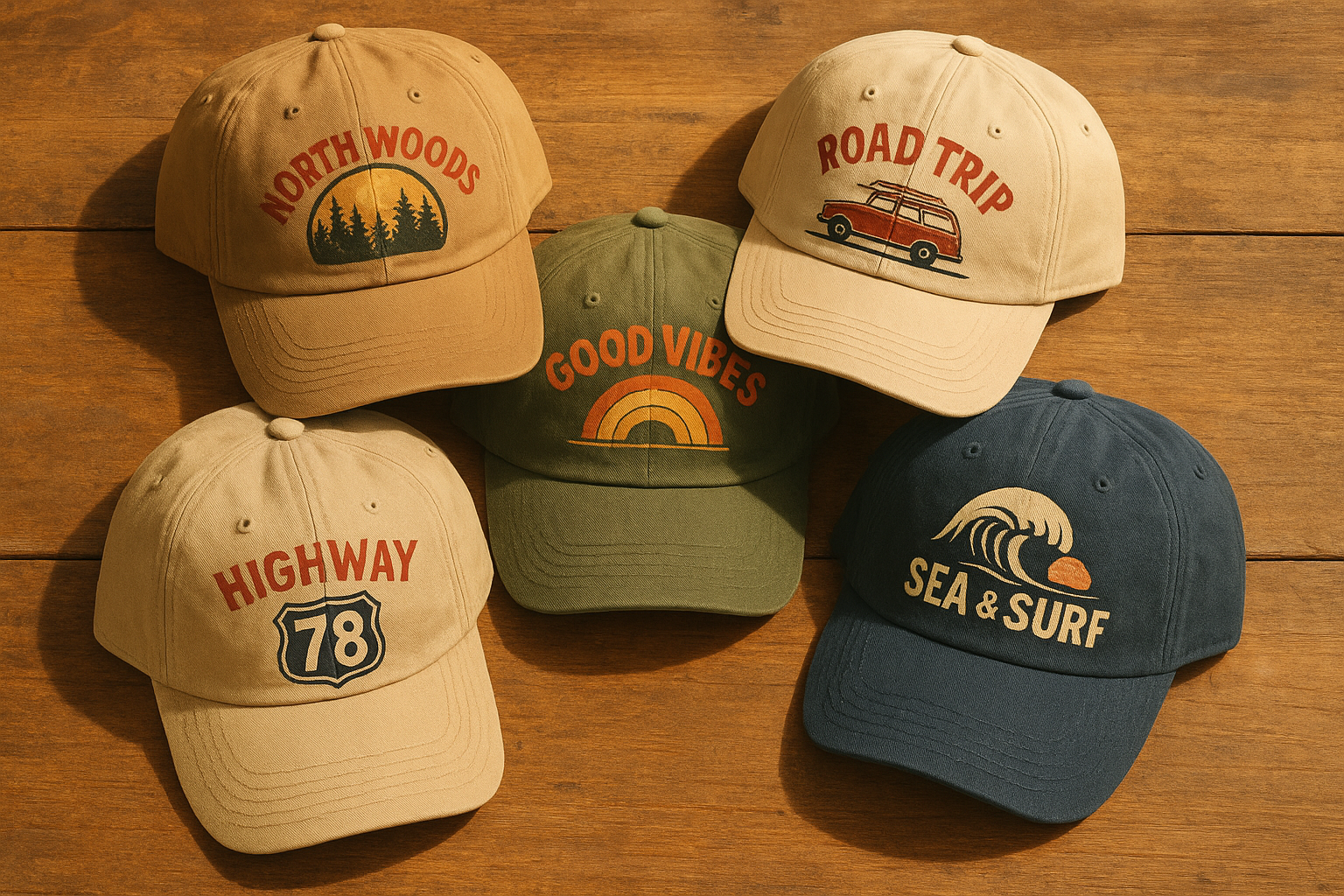 Flat lay of baseball caps with designs featuring vintage motor culture graphics