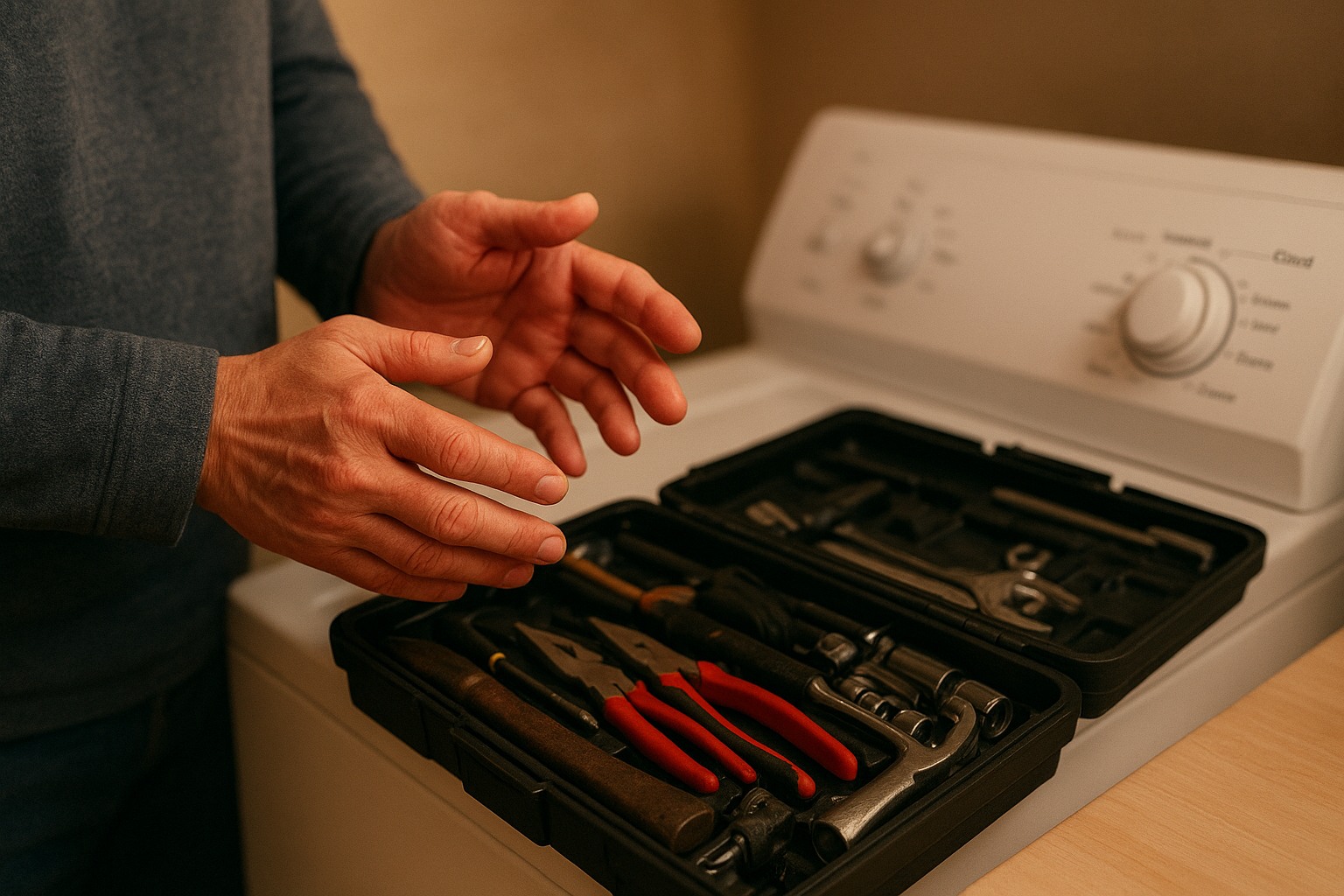 Homeowner weighing DIY fixes against calling a professional washer repair service