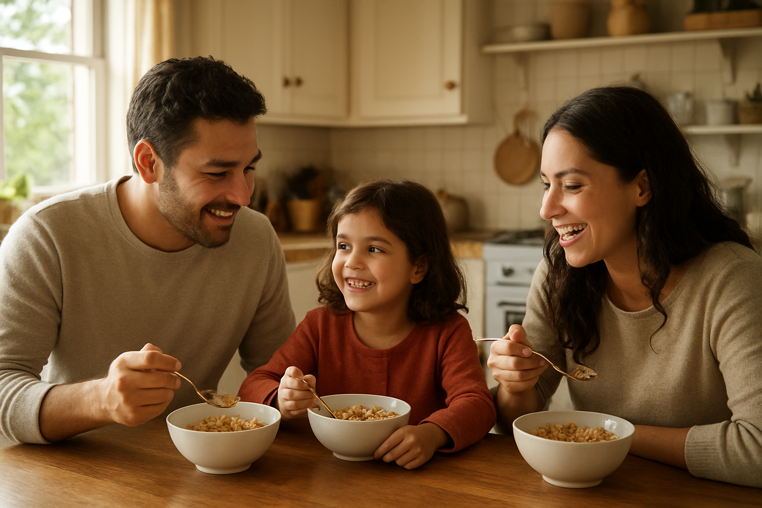 Family eating breakfast cereal together at a bright kitchen table