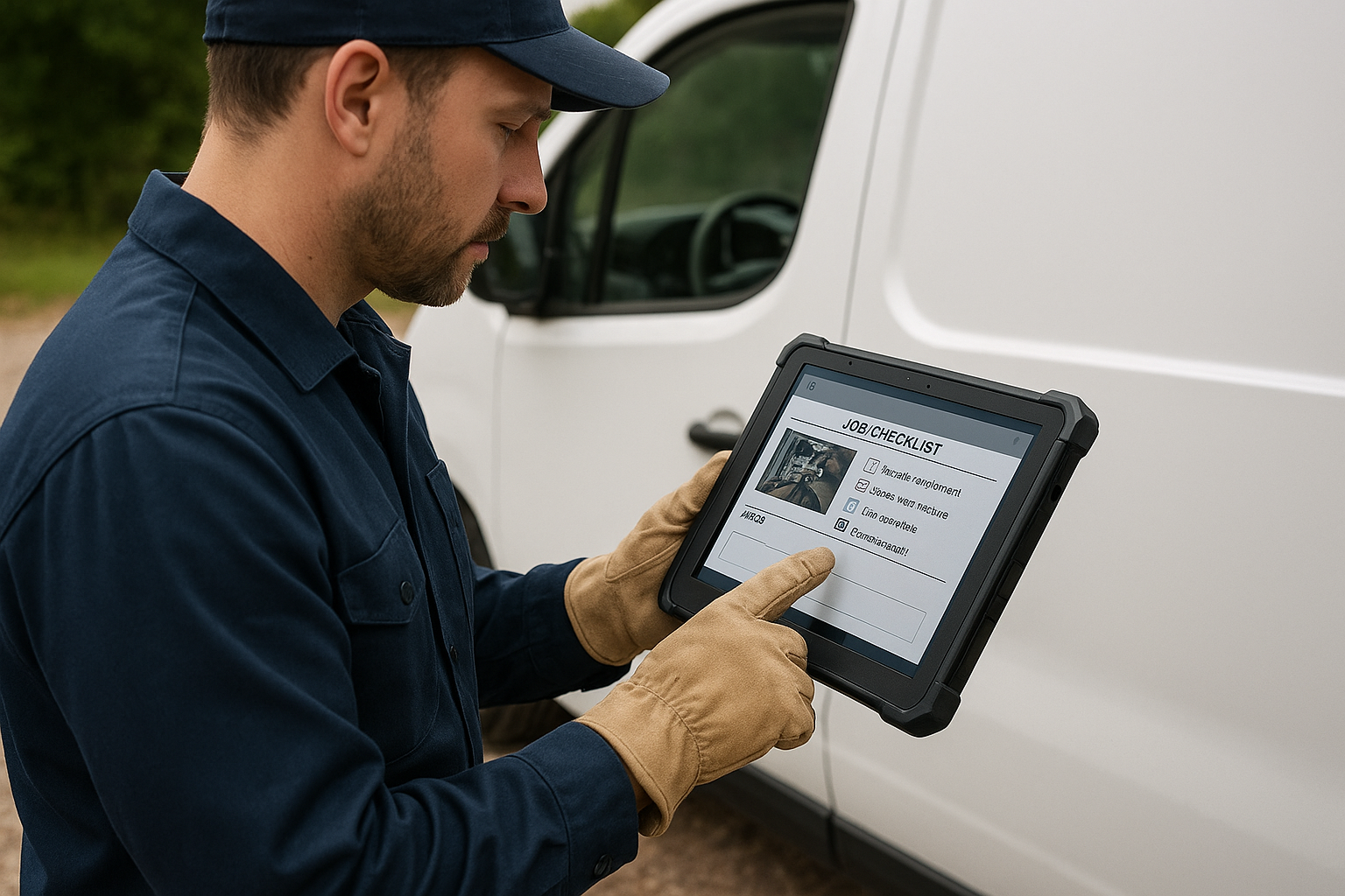Technician using a field app on a tablet next to a service van as part of a jobber alternative workflow