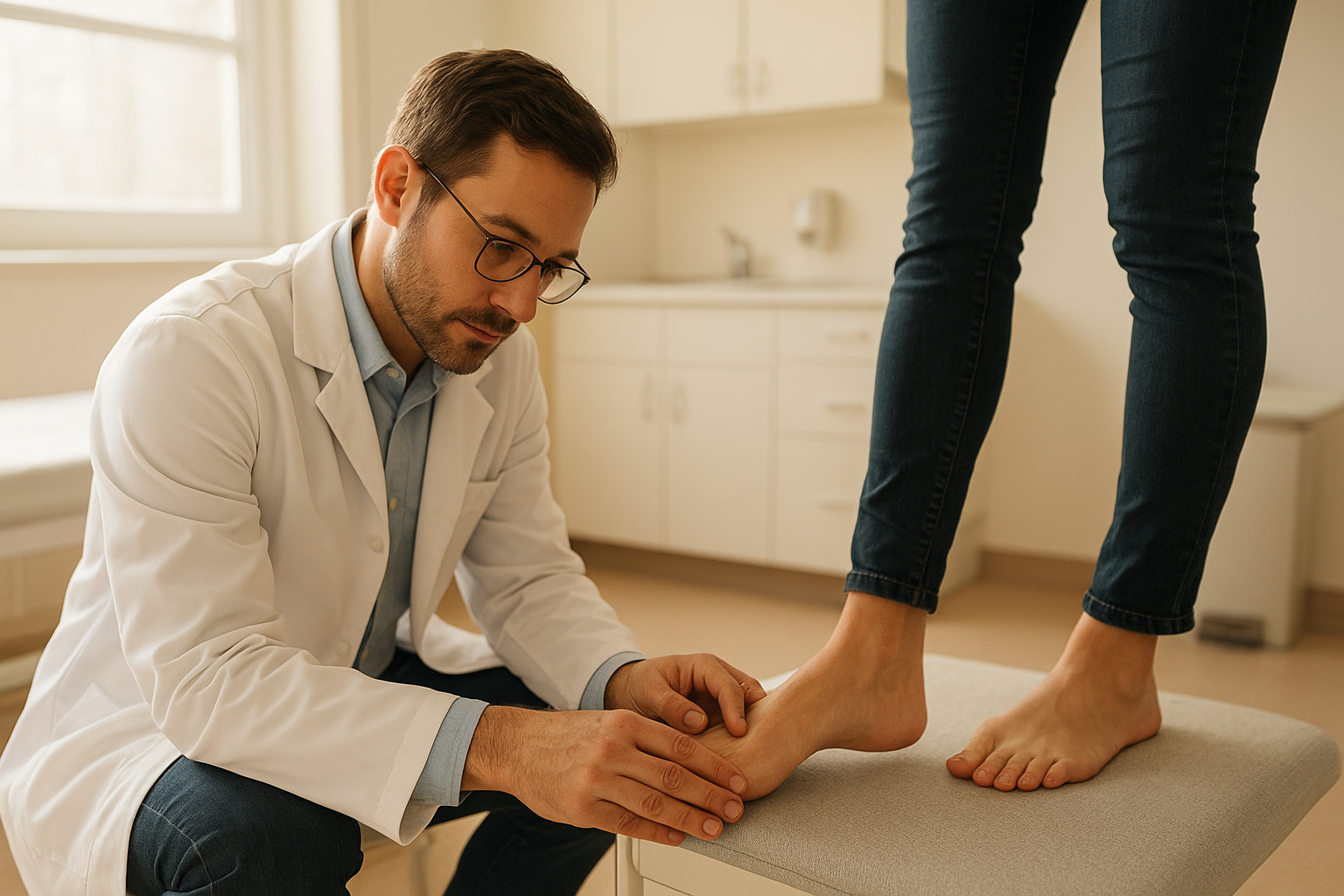 Podiatrist assessing a runner's gait during a custom orthotic fitting consultation