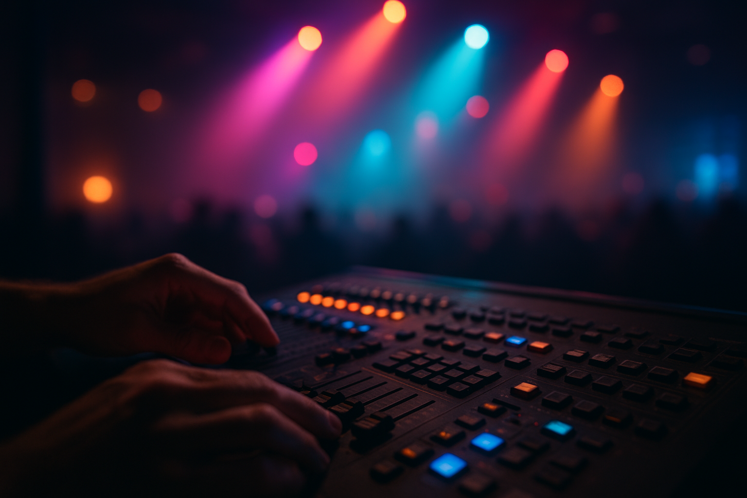 Technician adjusting a lighting control panel during on-site AV setup for a corporate event