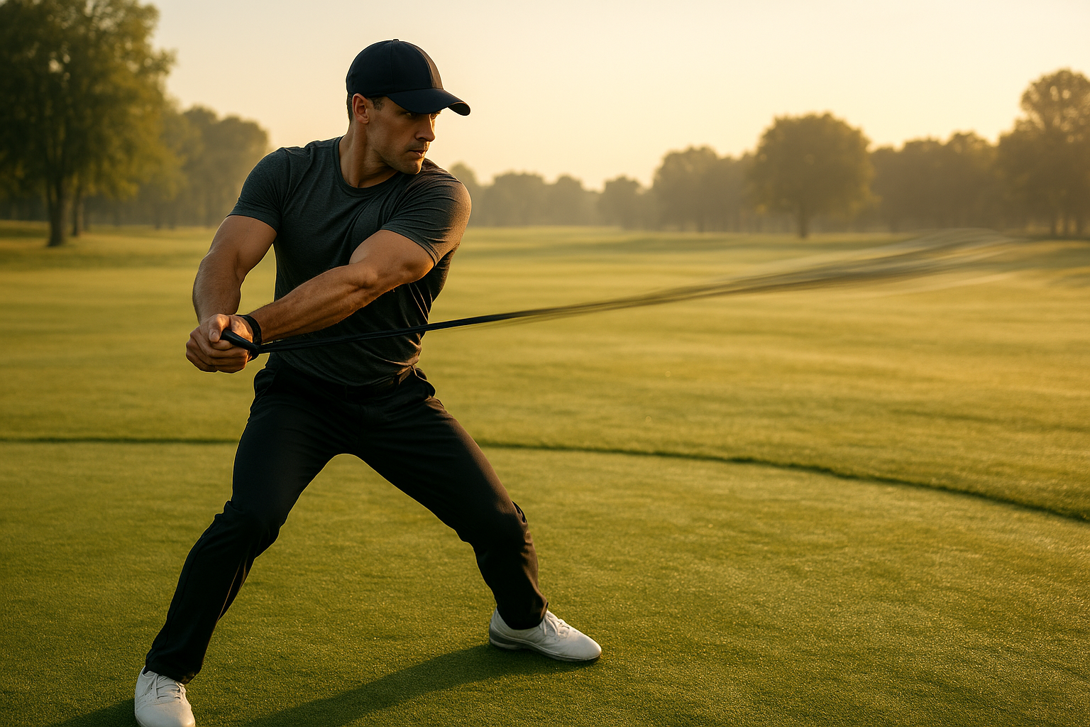 Golfer doing rotational strength exercise as part of a weekly golf training routine