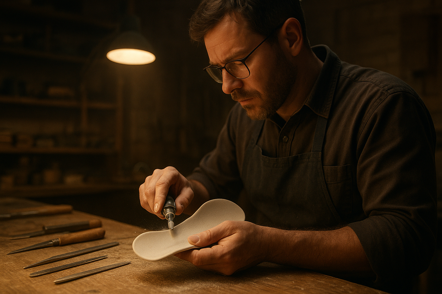 Lab technician hand-fabricating custom orthotic insoles on a workbench