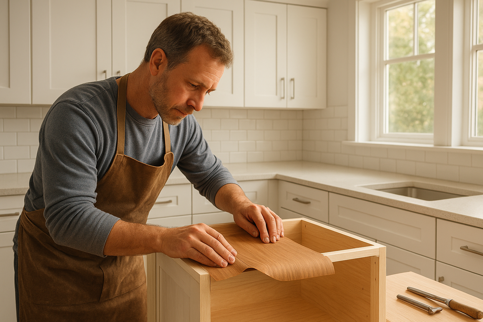 Experienced cabinet refacers applying veneer and installing new shaker doors in a Cincinnati kitchen