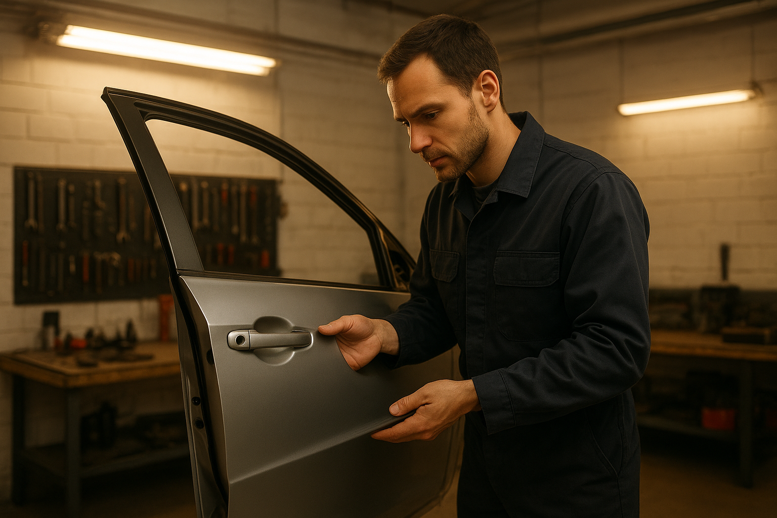 Certified technician inspecting car door panel at a fix auto brea collision repair shop