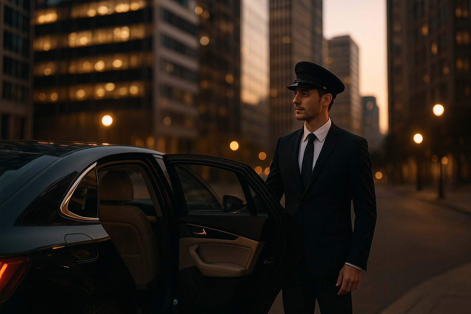Chauffeur beside luxury sedan providing executive car service Charlotte NC