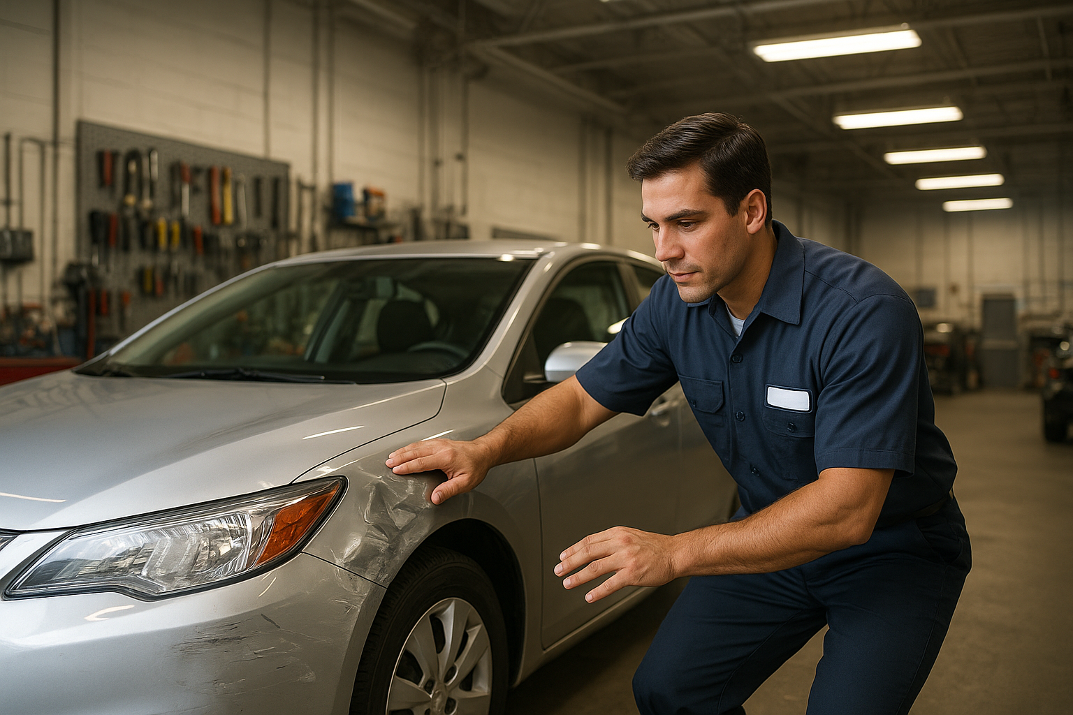 Certified technician inspecting collision damage at a Brea auto body repair shop