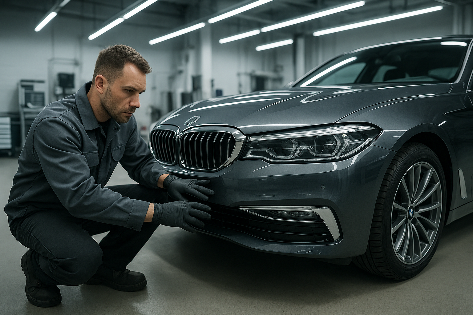 Certified technician at an import body shop near me inspecting a European sedan bumper