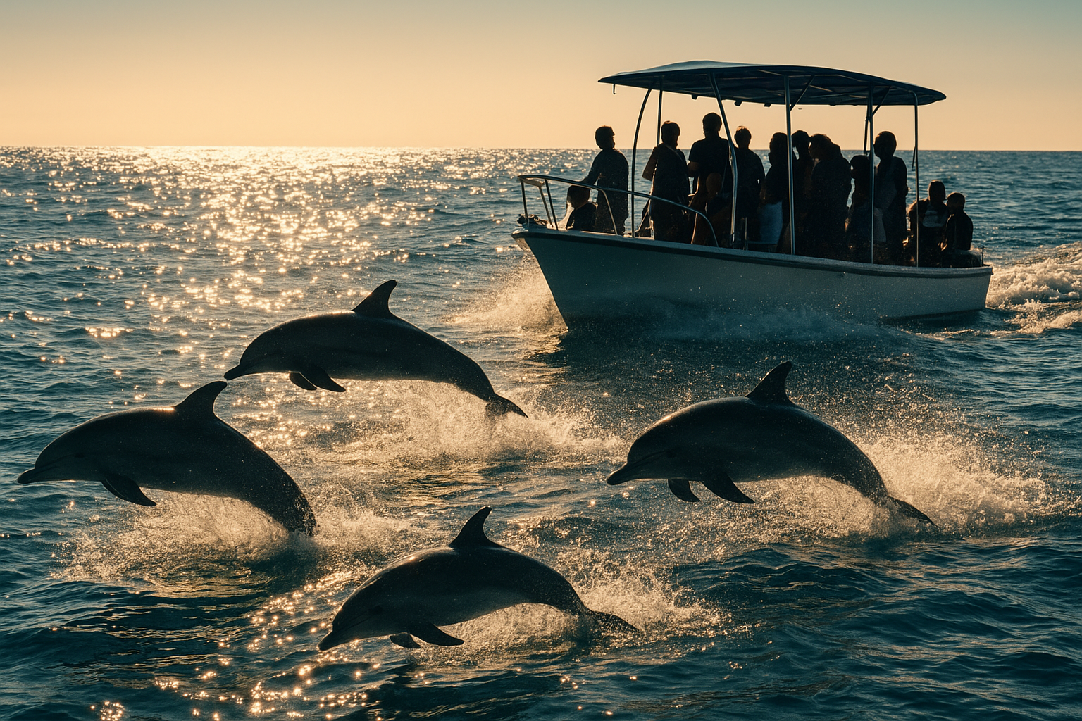 Dolphins leaping beside a tour boat during a San Diego family ocean outing