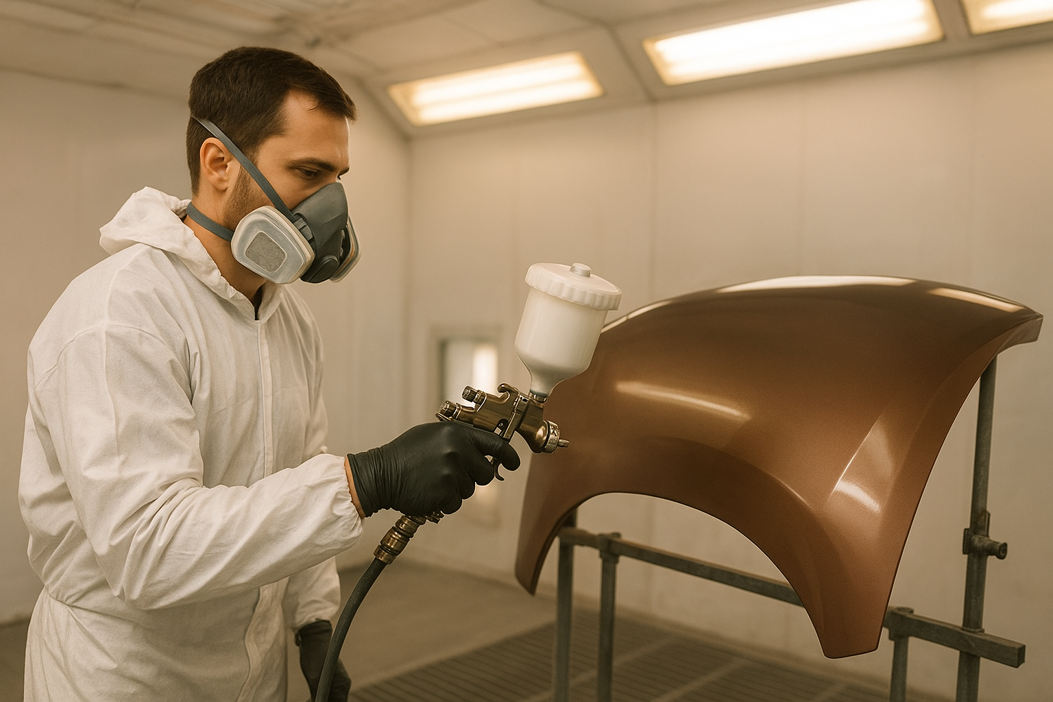 Technician applying matched paint during a chipped paint repair service in a professional booth