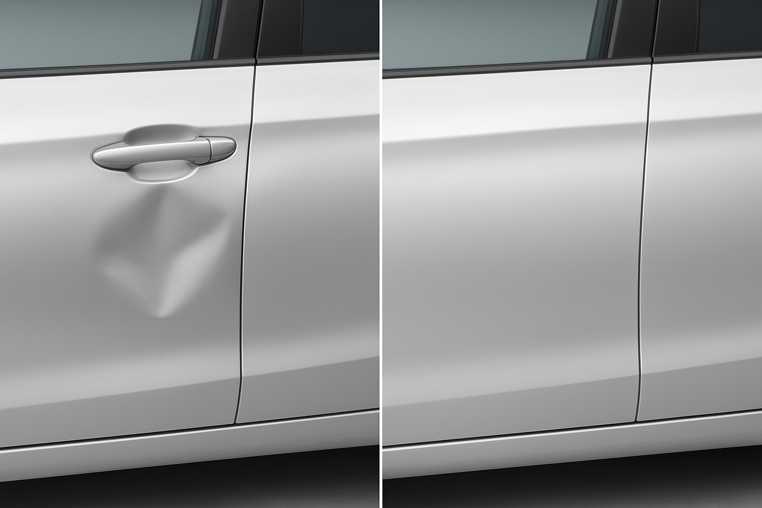 Before and after comparison of professional car dent repair at an auto body shop in Brea California