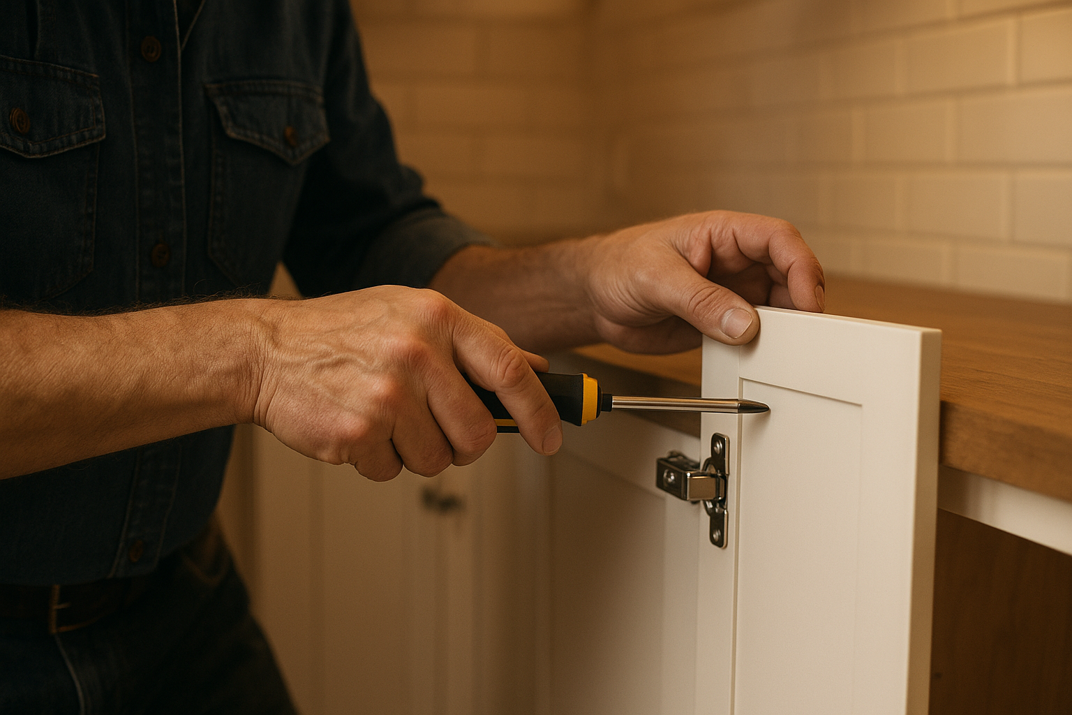Installer attaching a new cabinet door as part of a professional cabinet refacing project