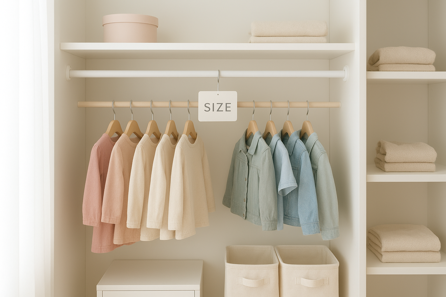 Organized closet featuring a rotating wardrobe from a versatile kids clothing subscription