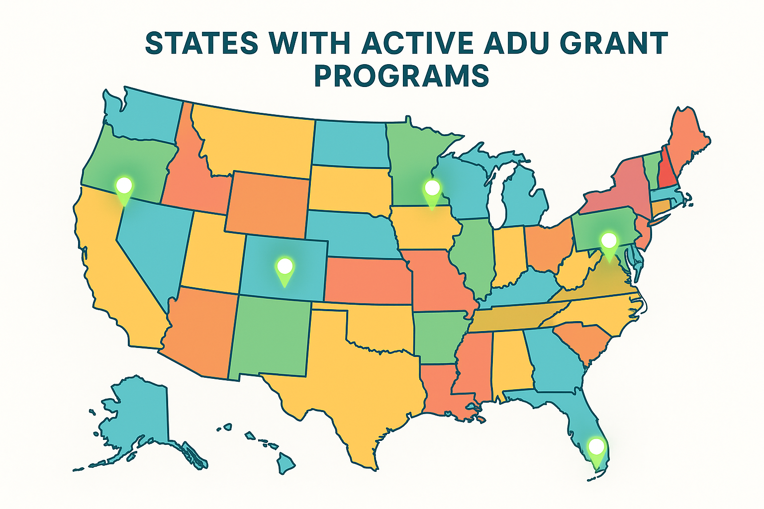 Illustrated US map showing states with active ADU grant and funding programs