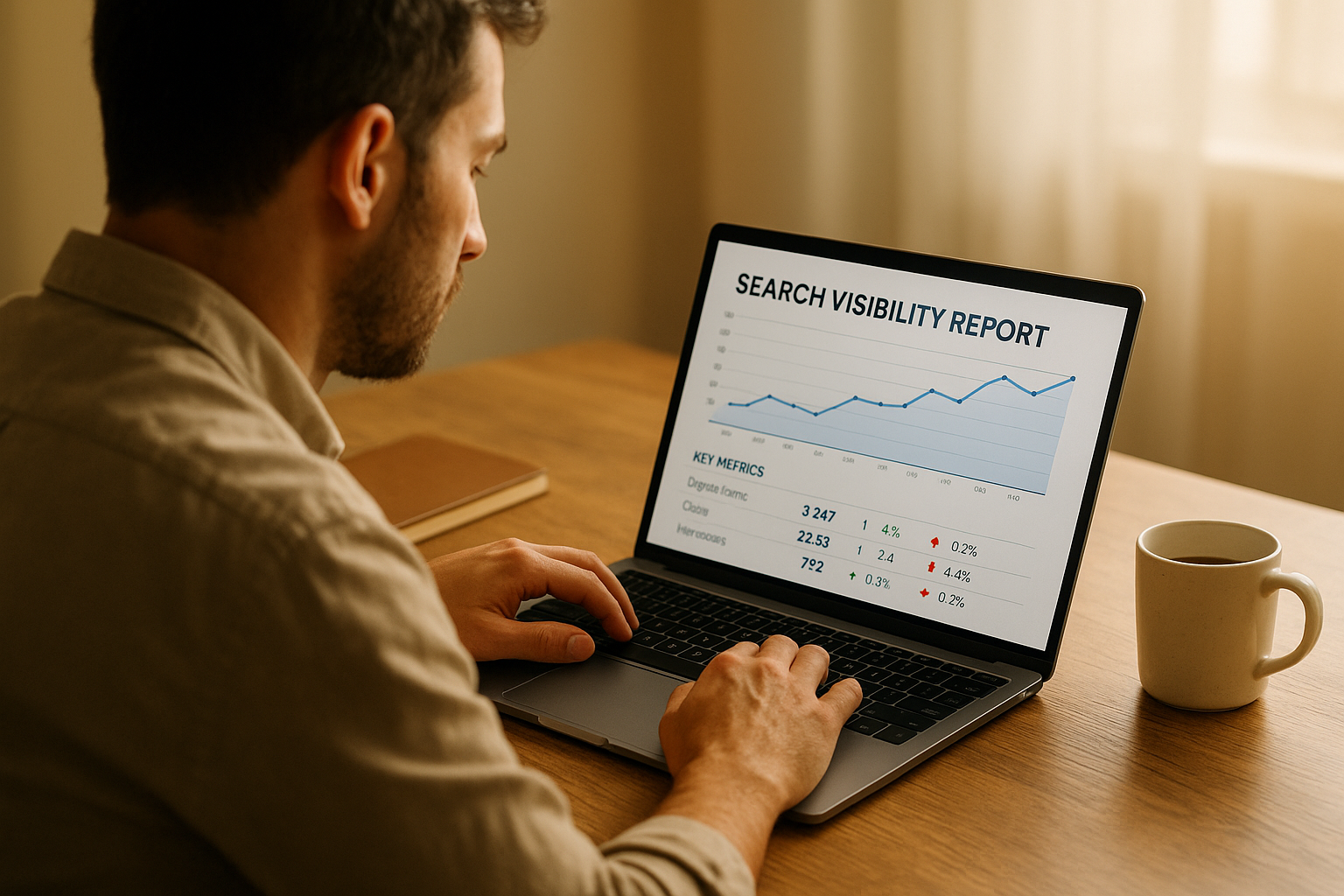 Marketer reviewing AI search visibility report on laptop screen