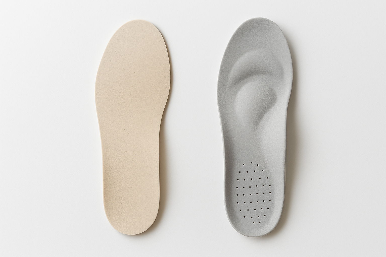 Comparison of a generic flat insole next to a contoured custom orthotic arch support