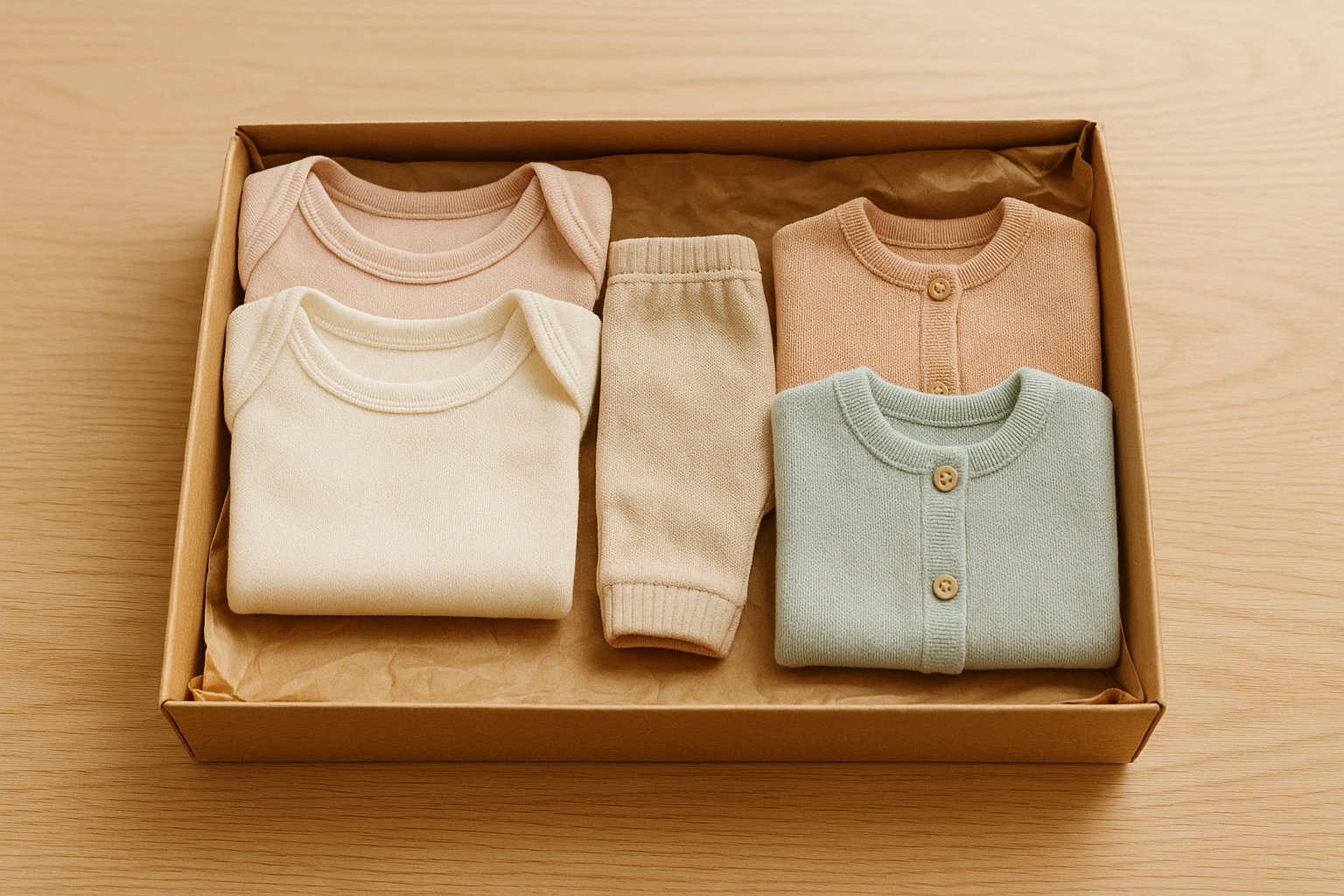 Curated monthly rental for baby clothes bundle laid out in a delivery box