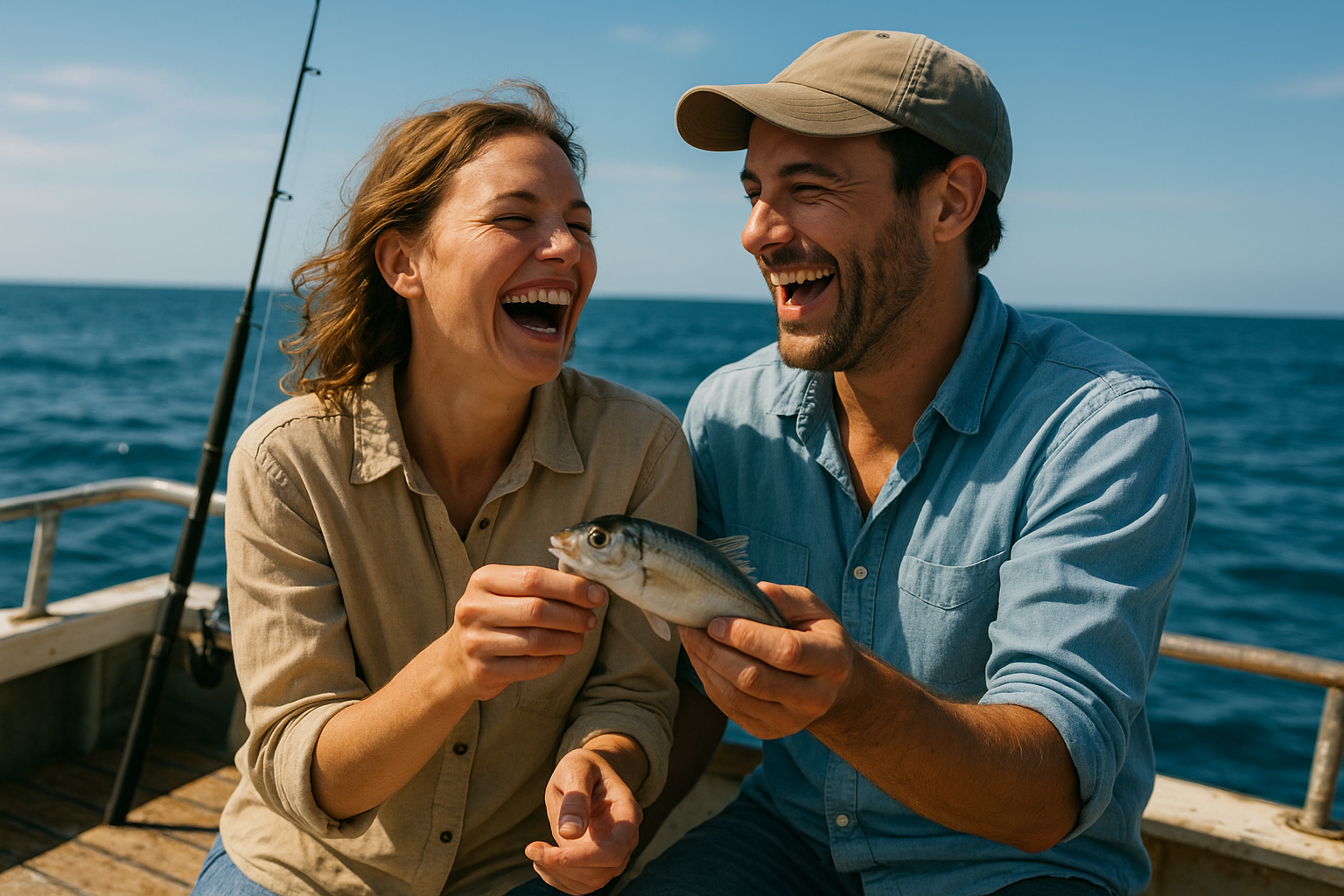Couple celebrating a catch during a Myrtle Beach fishing charter for couples