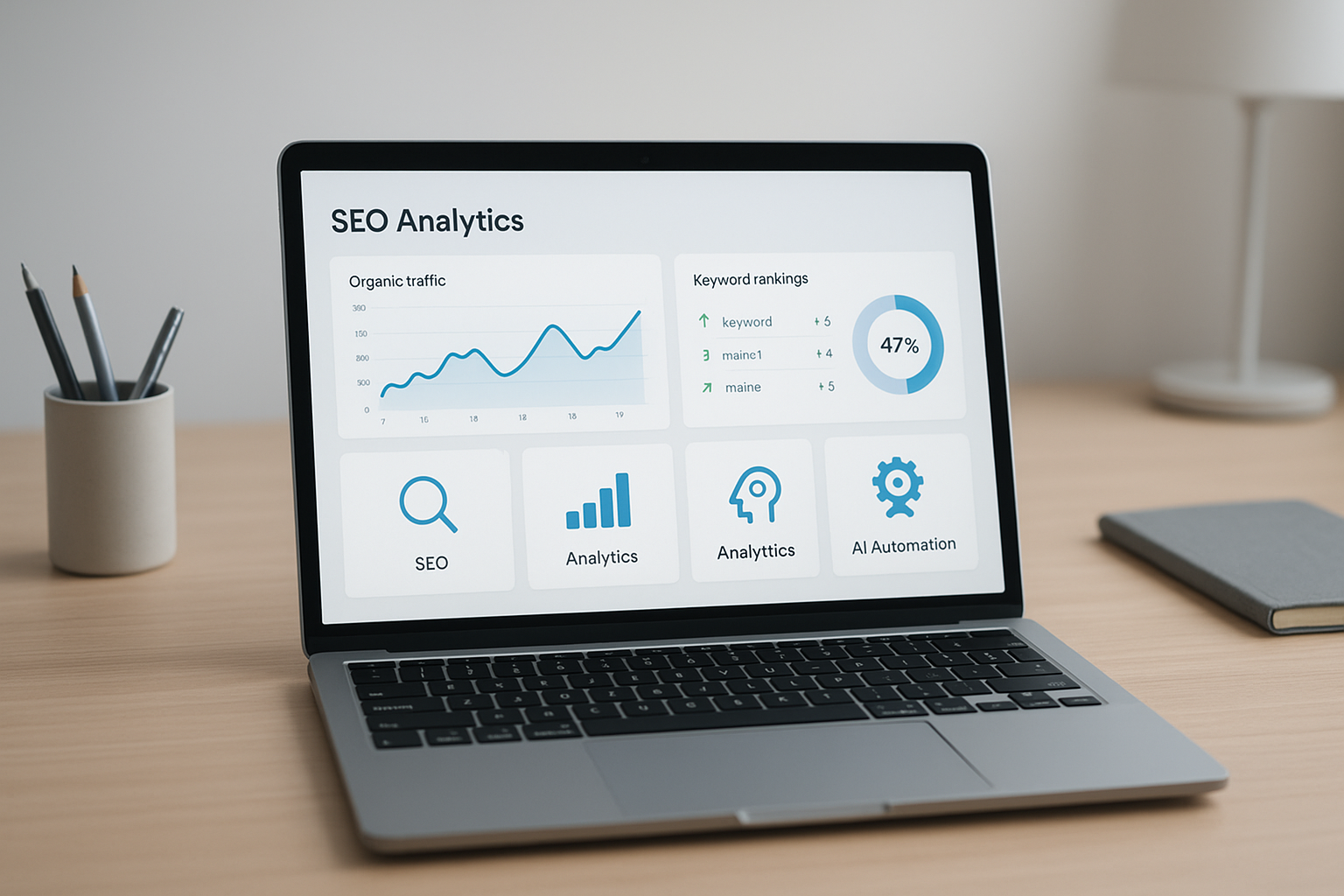 Dashboard view of automated SEO software tracking rankings and site audits