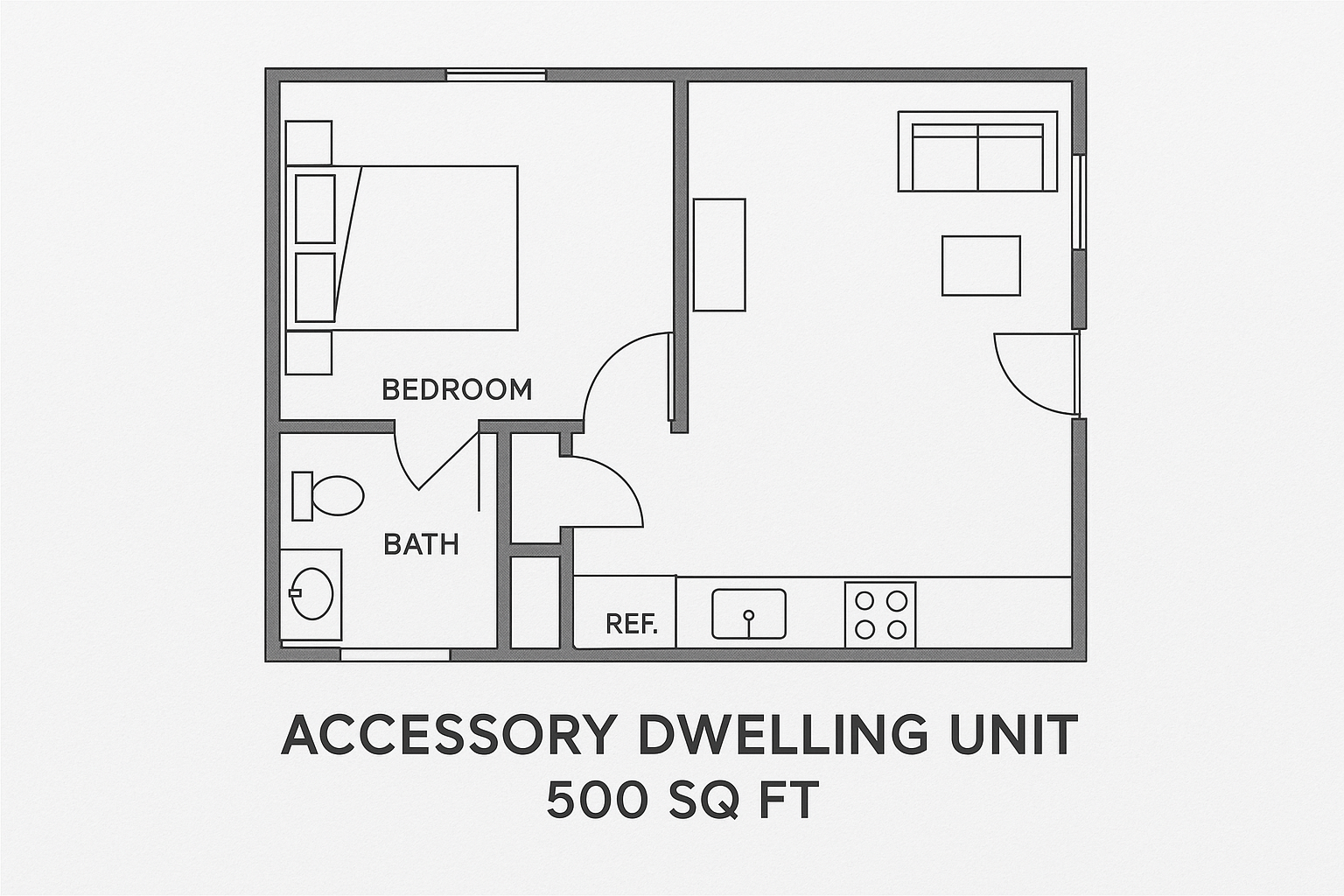 Architectural floor plan of a 500 square feet ADU showing bedroom, bathroom, kitchen, and living area layout