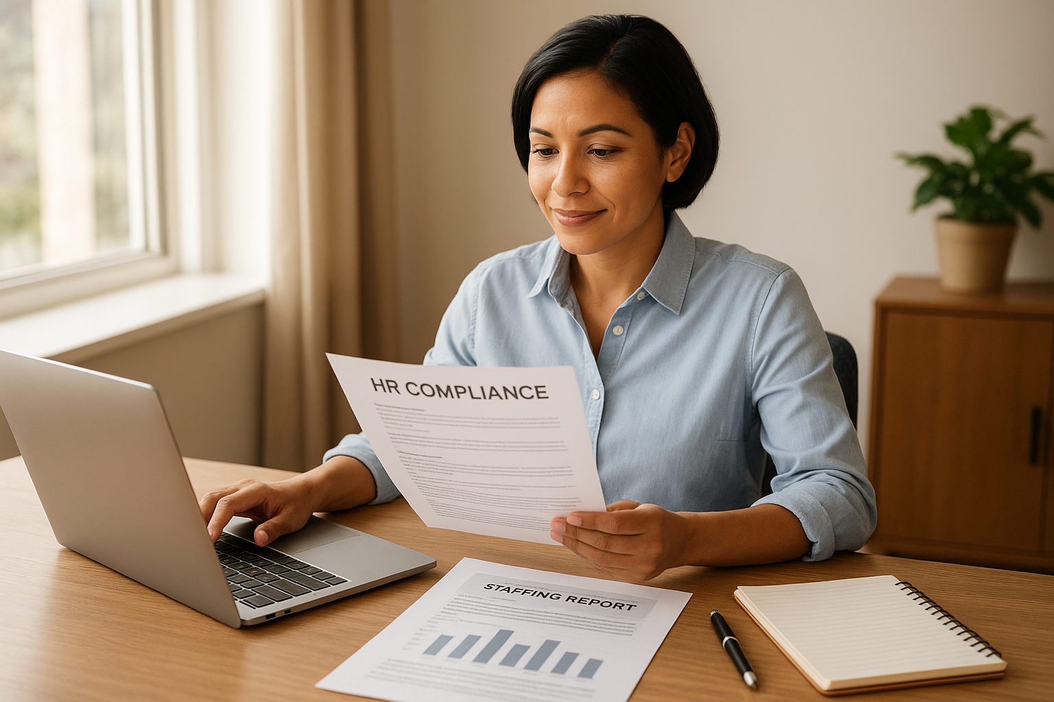 Small business leader reviewing HR compliance and staffing reports