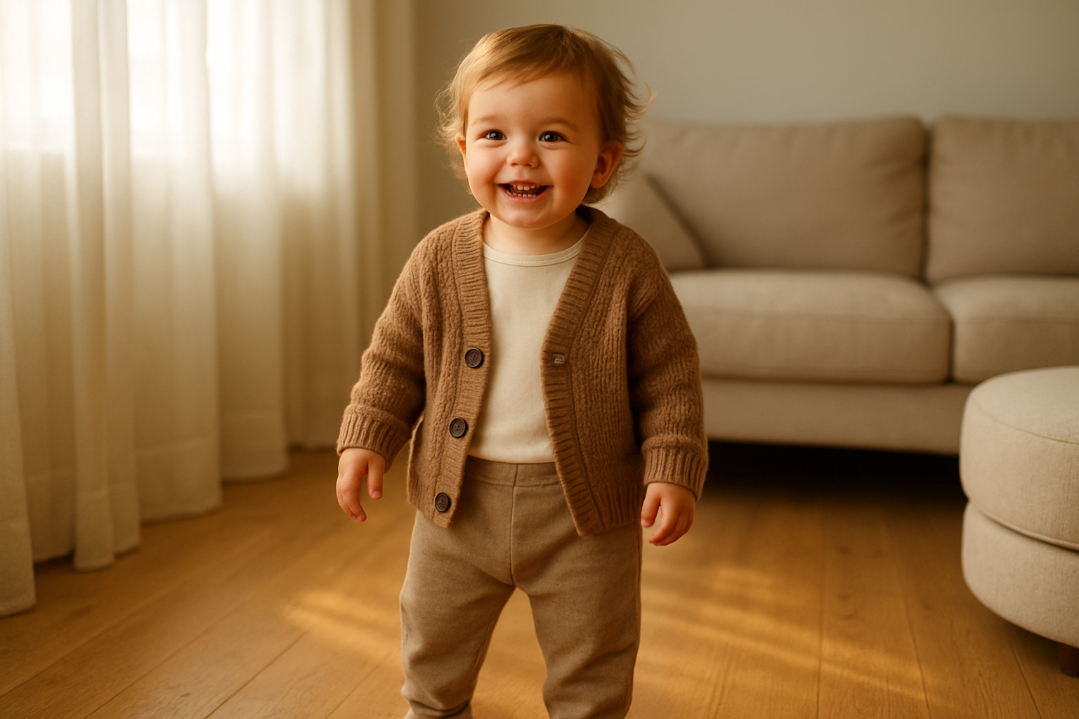 Happy toddler dressed in premium stylish children's clothing from a subscription rental service