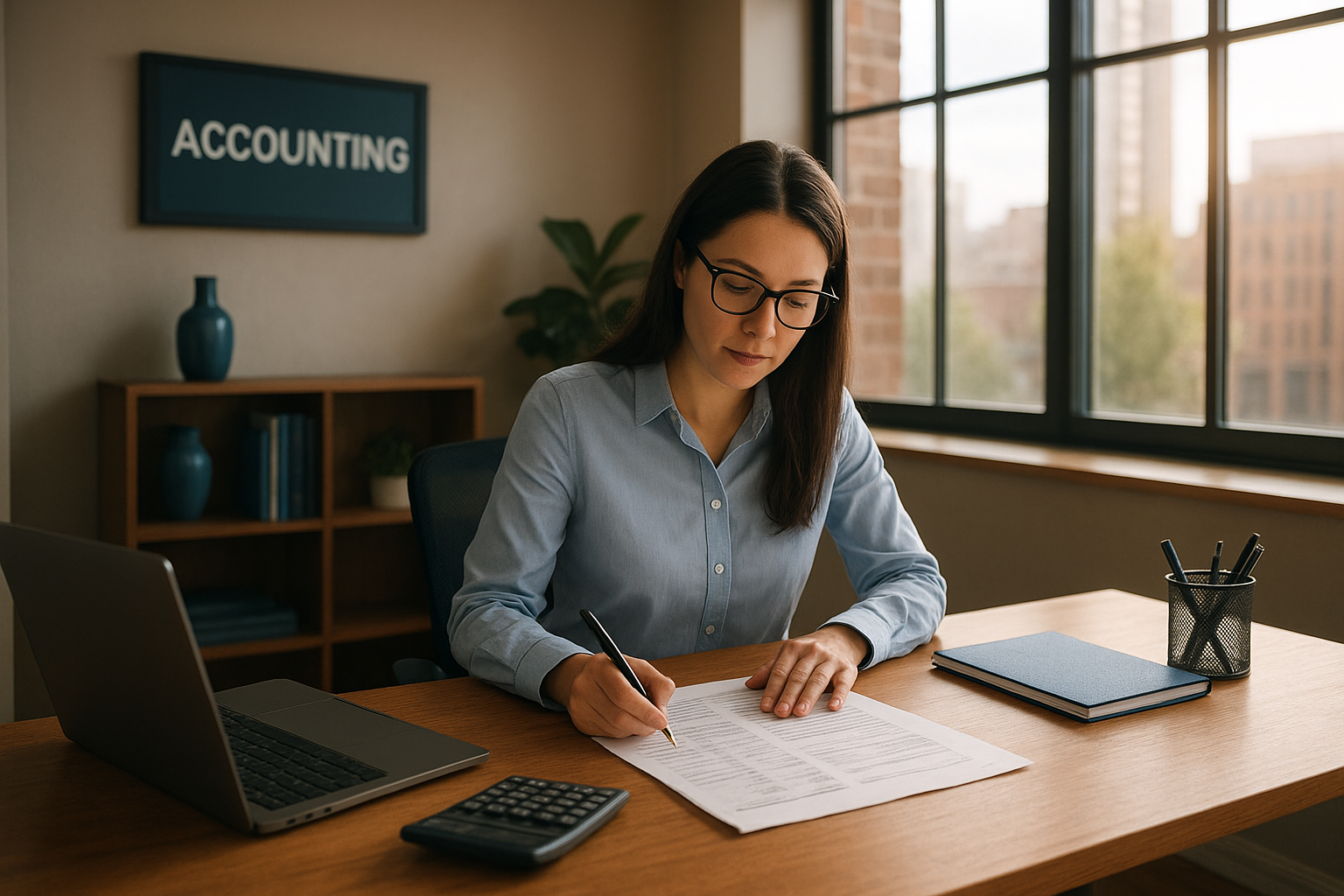 HAR Financial Services accountant reviewing bookkeeping records in a Minneapolis office