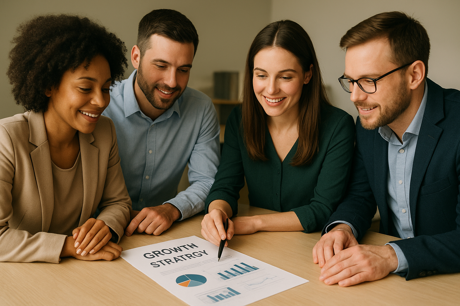 Small business leadership team planning growth strategy with HR support