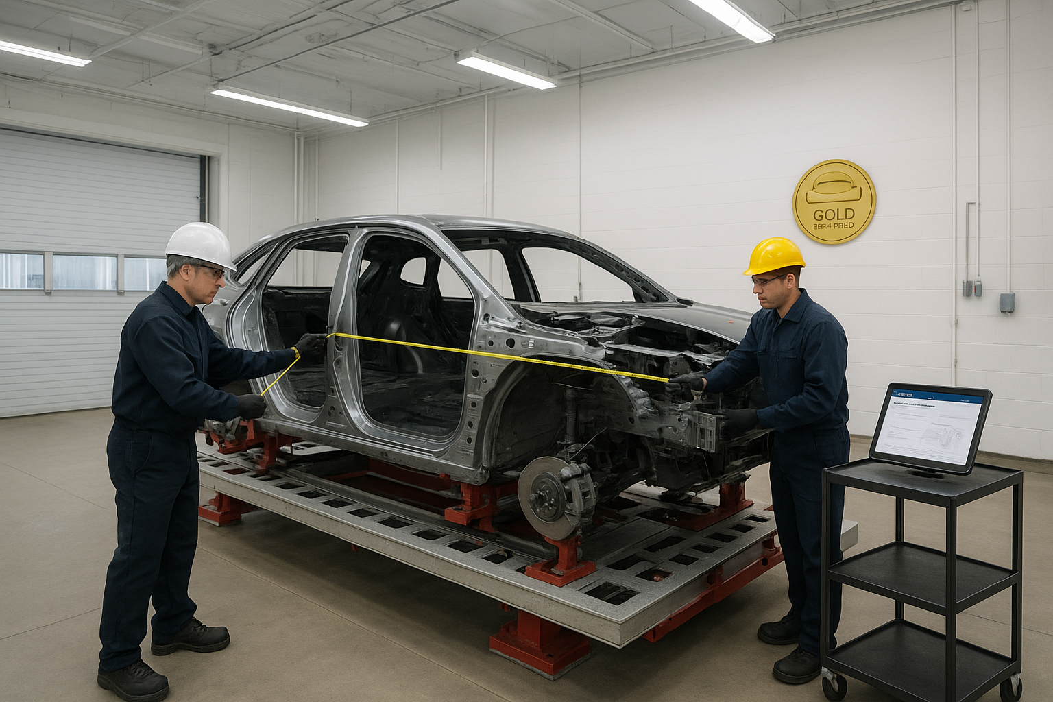 Technicians working in an I-CAR certified body shop with modern frame measuring equipment