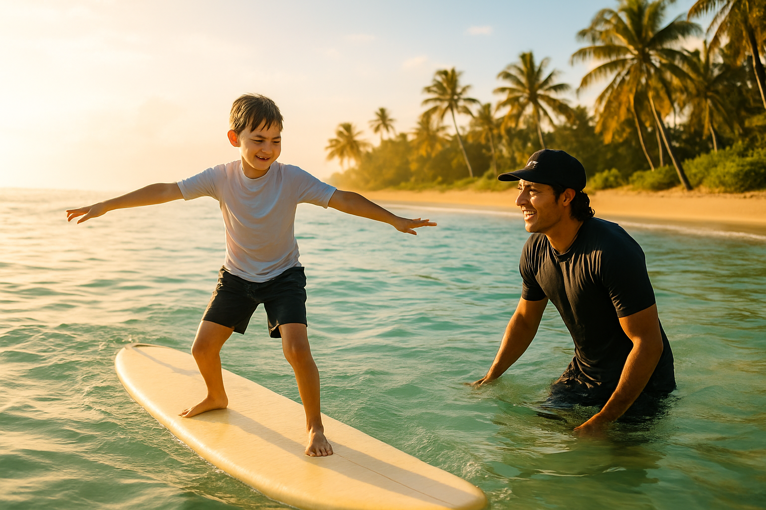 Beginner taking surf lessons near me with an instructor in shallow ocean water