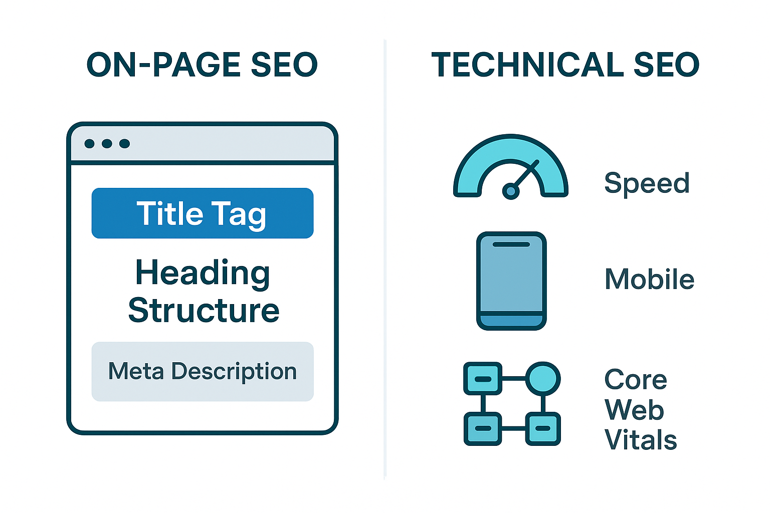 On-page and technical SEO ranking factors side by side showing key optimization elements