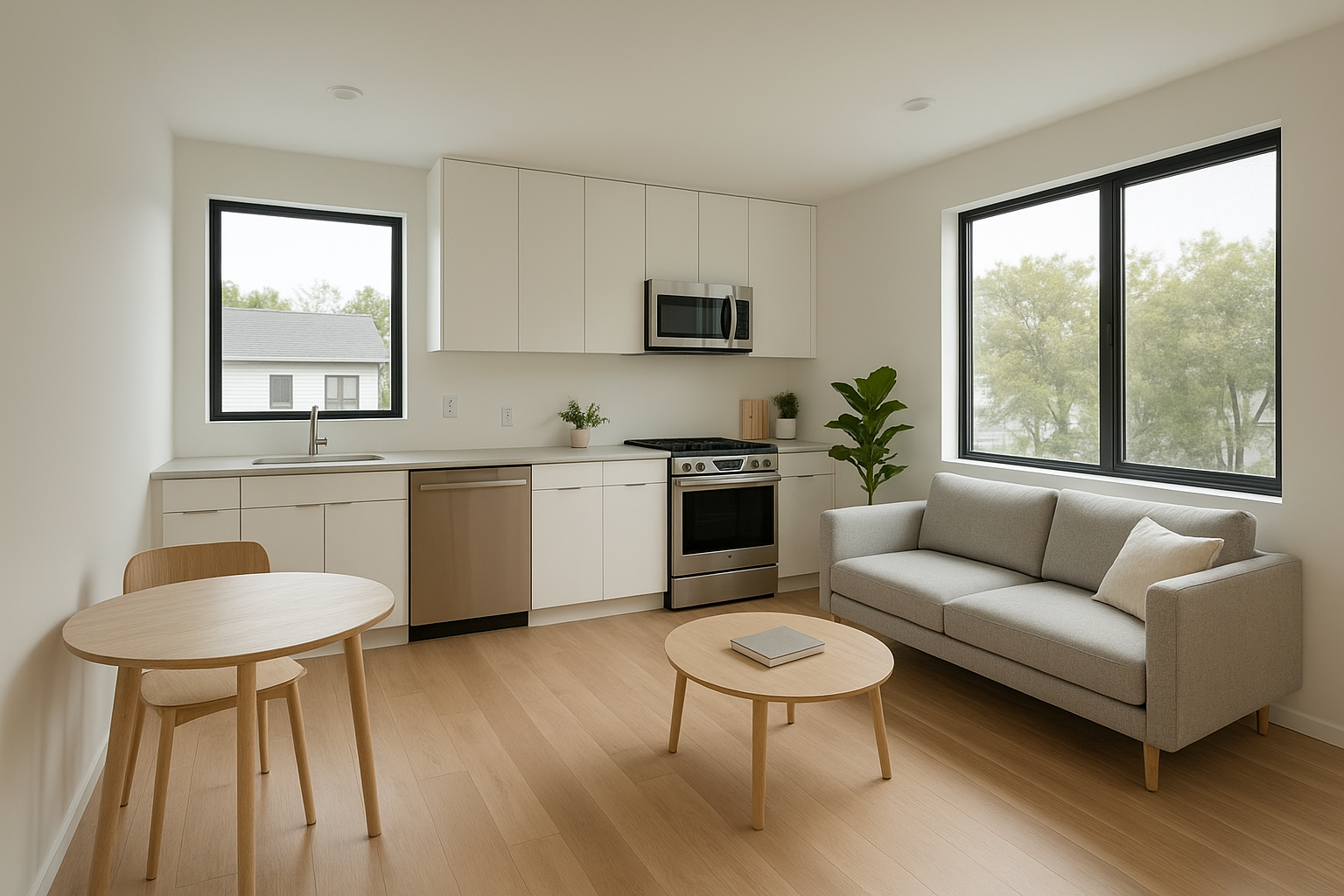 Finished interior of a modern ADU with kitchen and living space