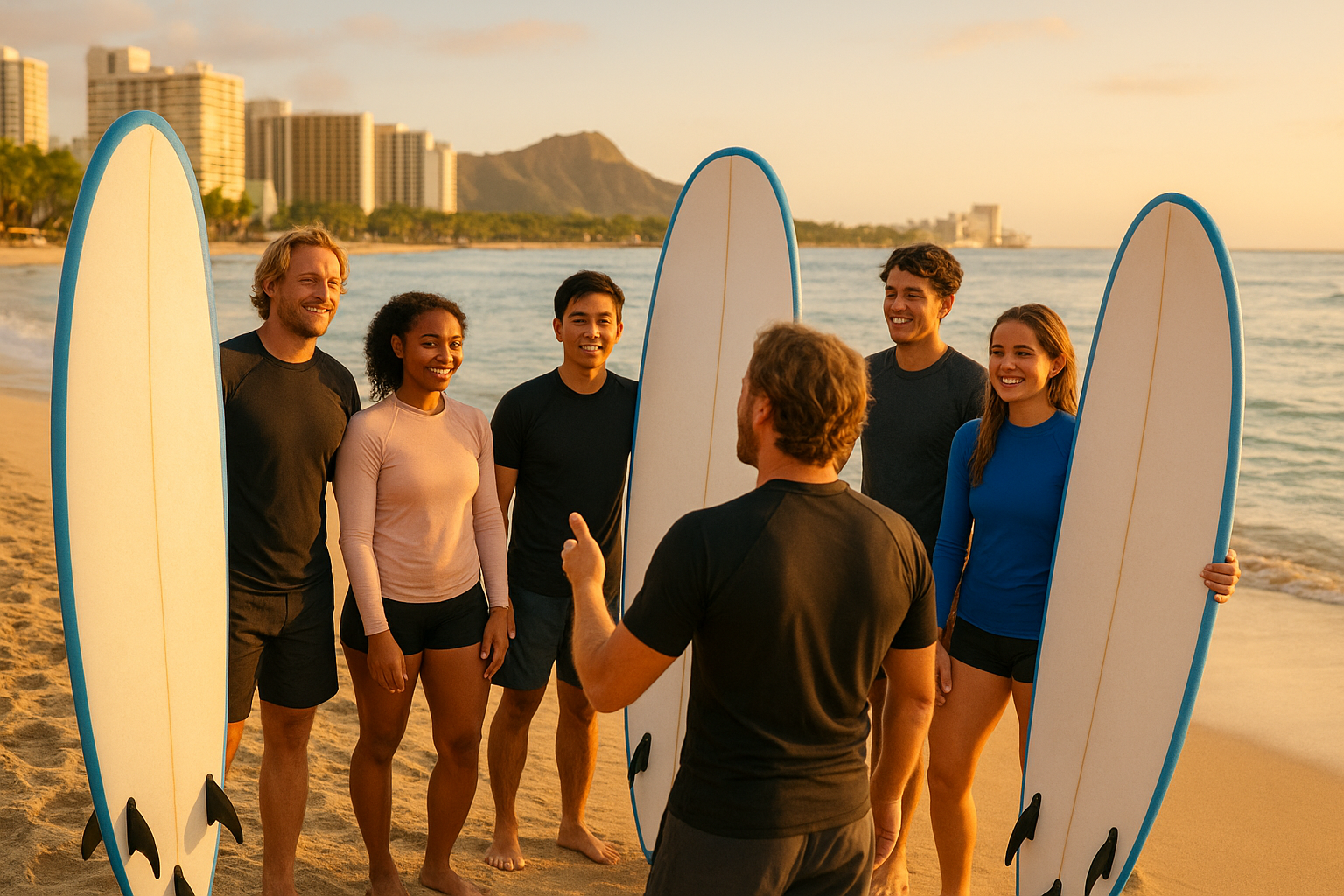 Group receiving a safety briefing before a Waikiki surf adventure tours group lesson