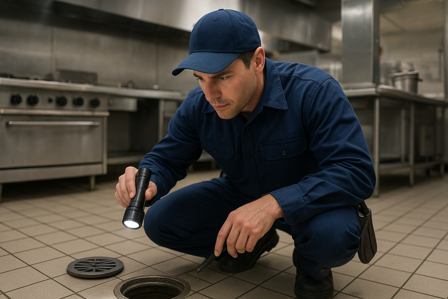 81e0a9fa_commercial-drain-cleaning-kitchen Plumber performing commercial drain cleaning Terrell service in a restaurant kitchen