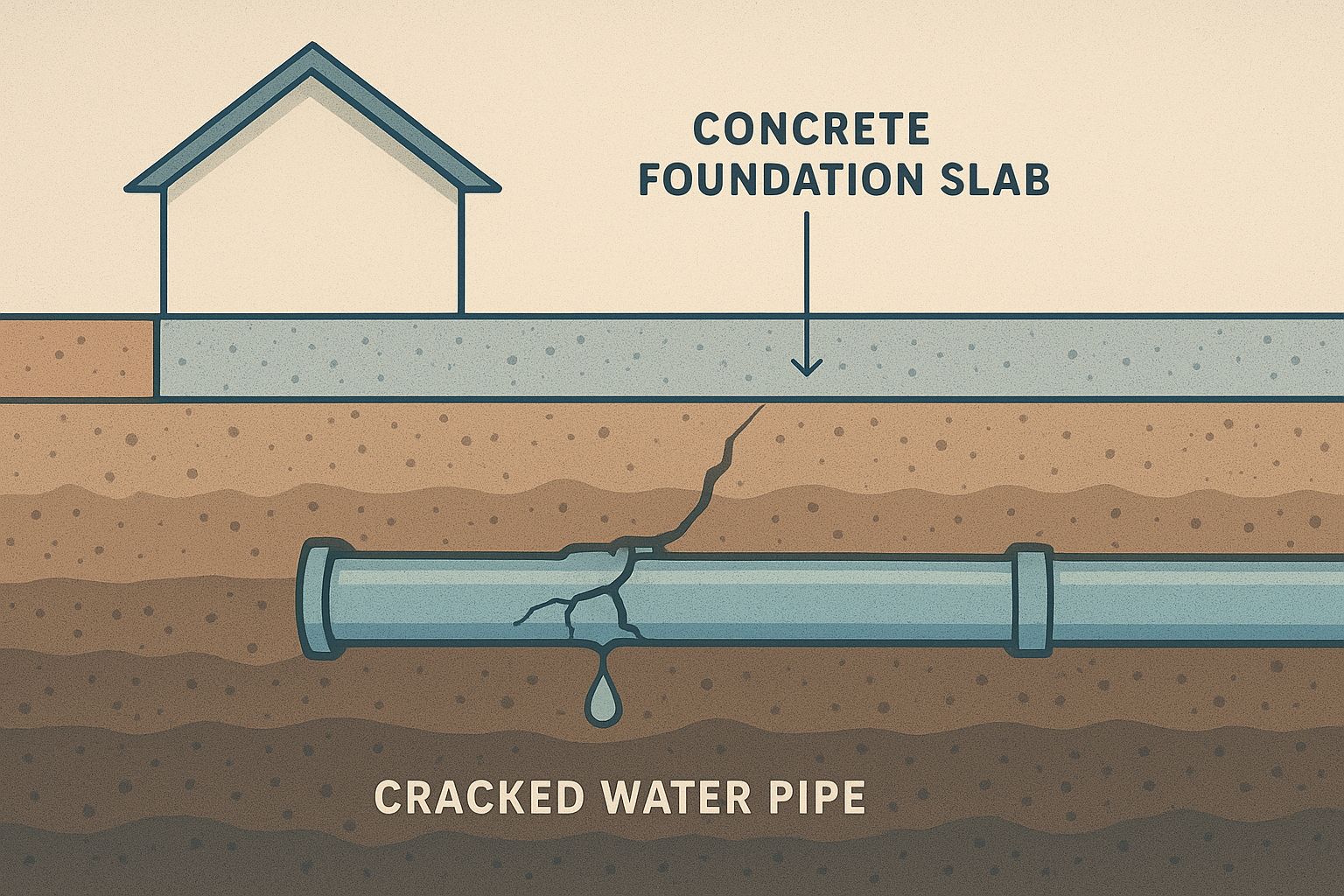 81e34931_slab-leak-cause-diagram-foundation Diagram showing how a cracked water pipe under a concrete slab causes a slab leak