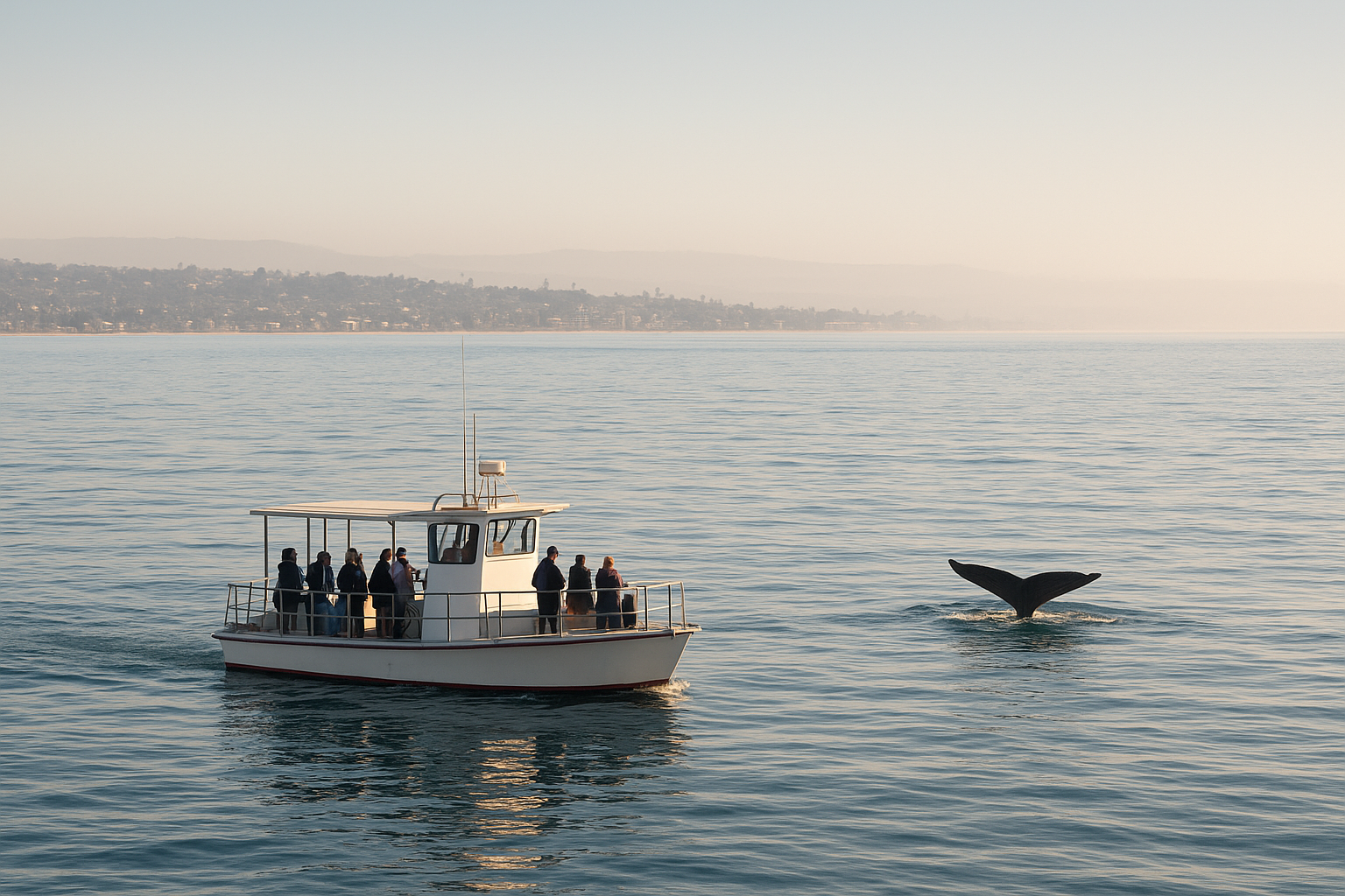 Small boat offering whale and dolphin tours with marine biologist San Diego coastline in background