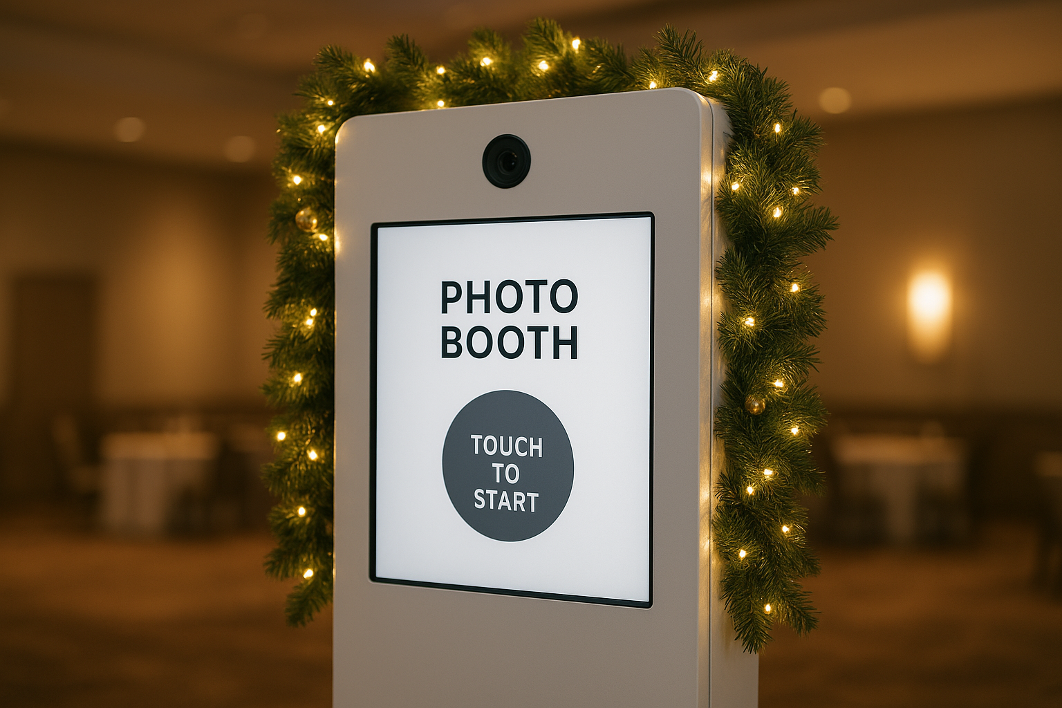 Digital photo booth kiosk set up at a corporate holiday party venue