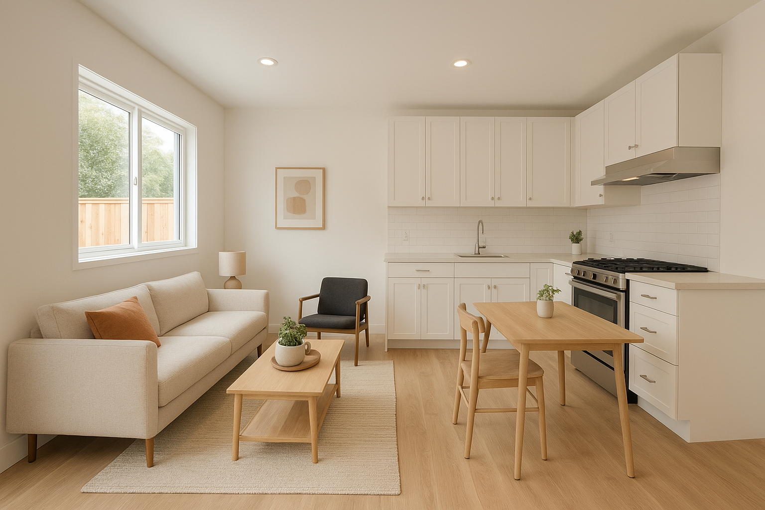 Interior of a garage ADU conversion showing open-plan kitchen and living area with natural light