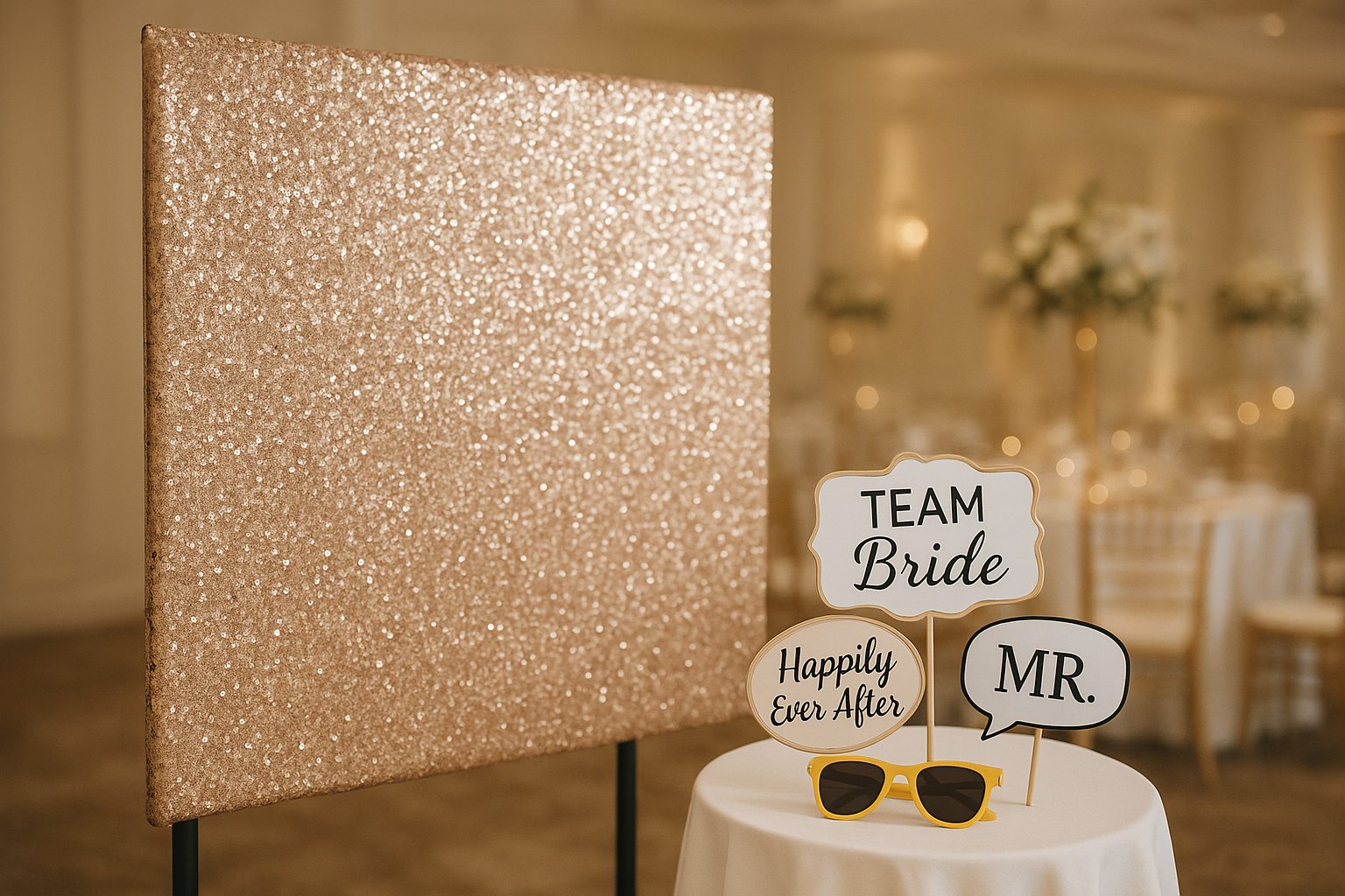 Premium backdrop and prop table add-ons for a wedding photo booth rental