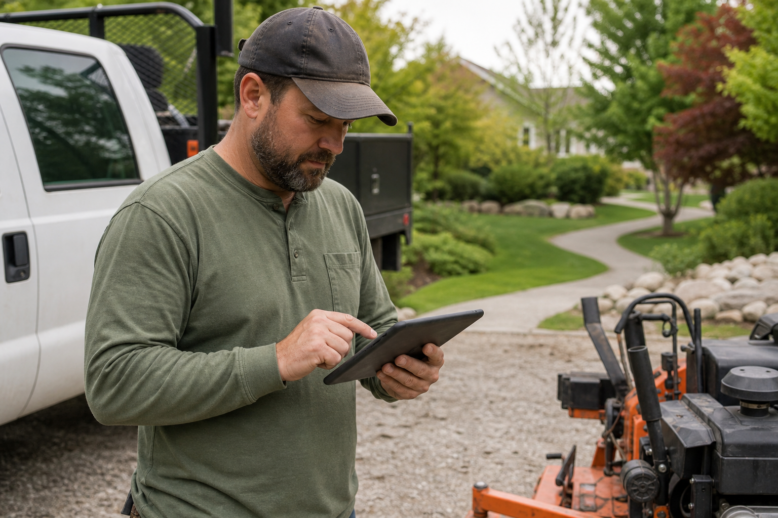 Landscape crew leader completing a job ticket on a tablet before billing is generated