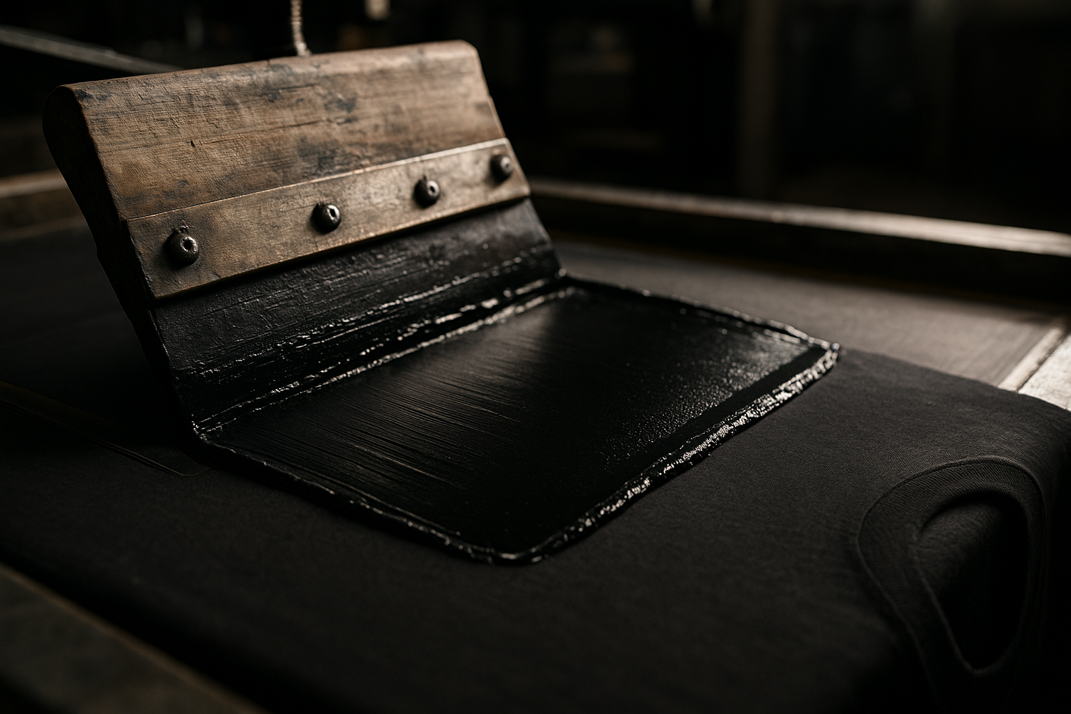 Screen printing squeegee pulling ink across a mesh screen onto a black T-shirt