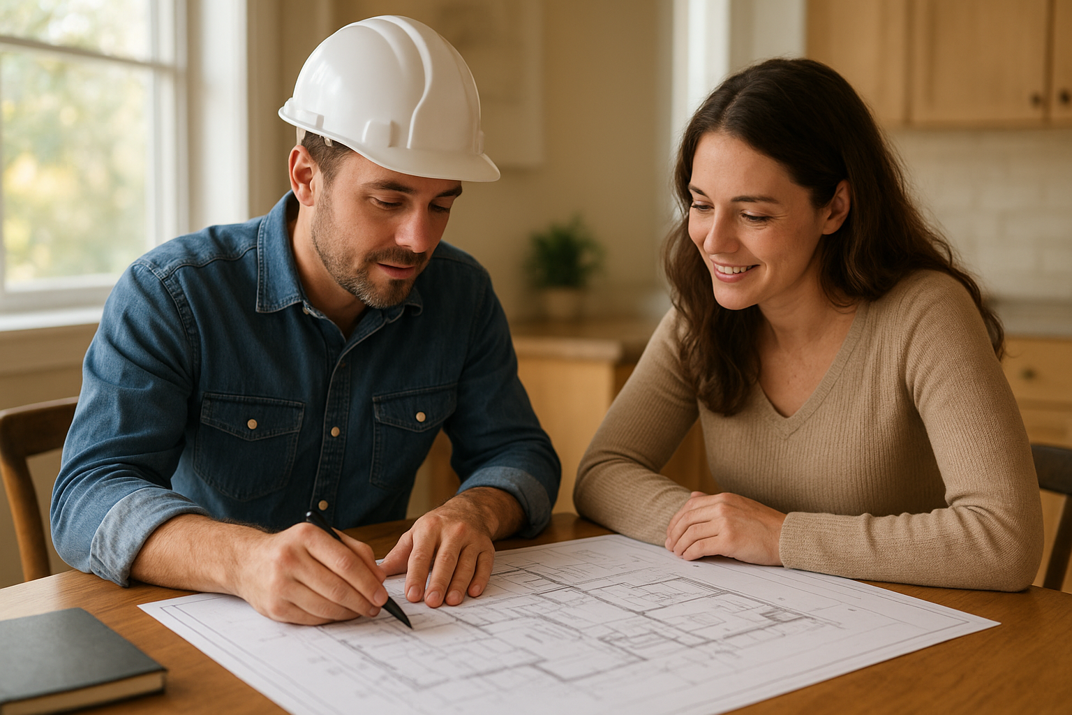 Homeowner and ADU contractor reviewing building plans to ensure a strong financial return on the ADU project