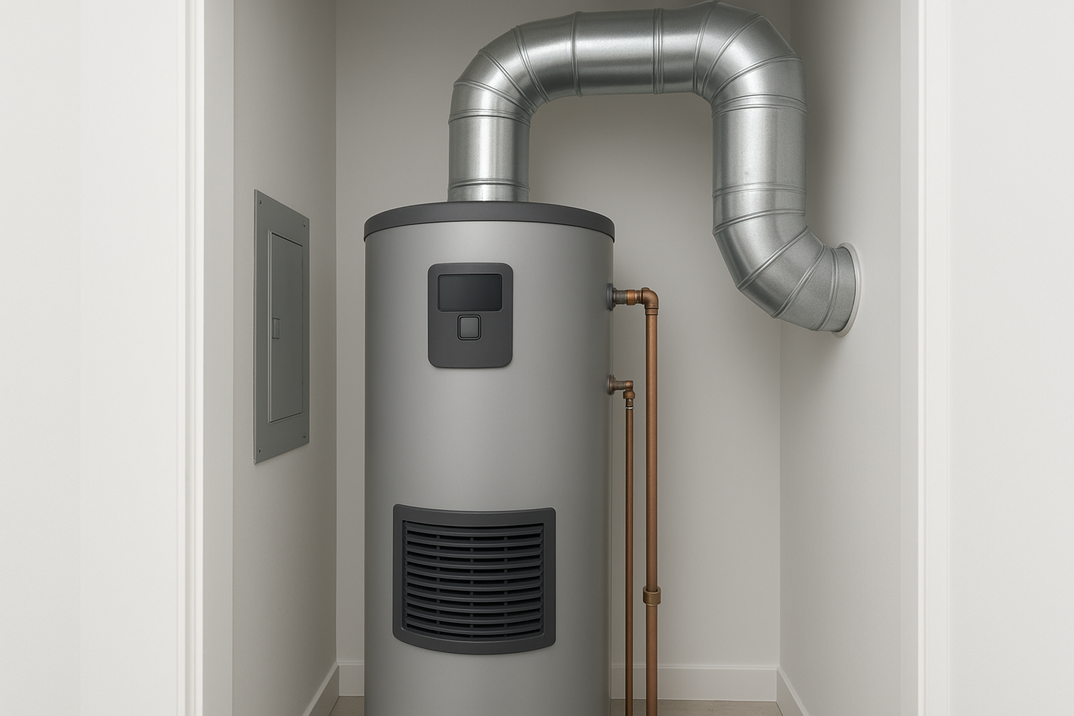 Heat pump water heater installed to meet California energy code requirements in an ADU utility closet