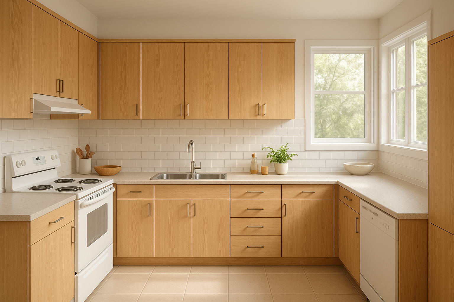 Bright kitchen interior with wood veneer cabinets and long-lasting surface finishes