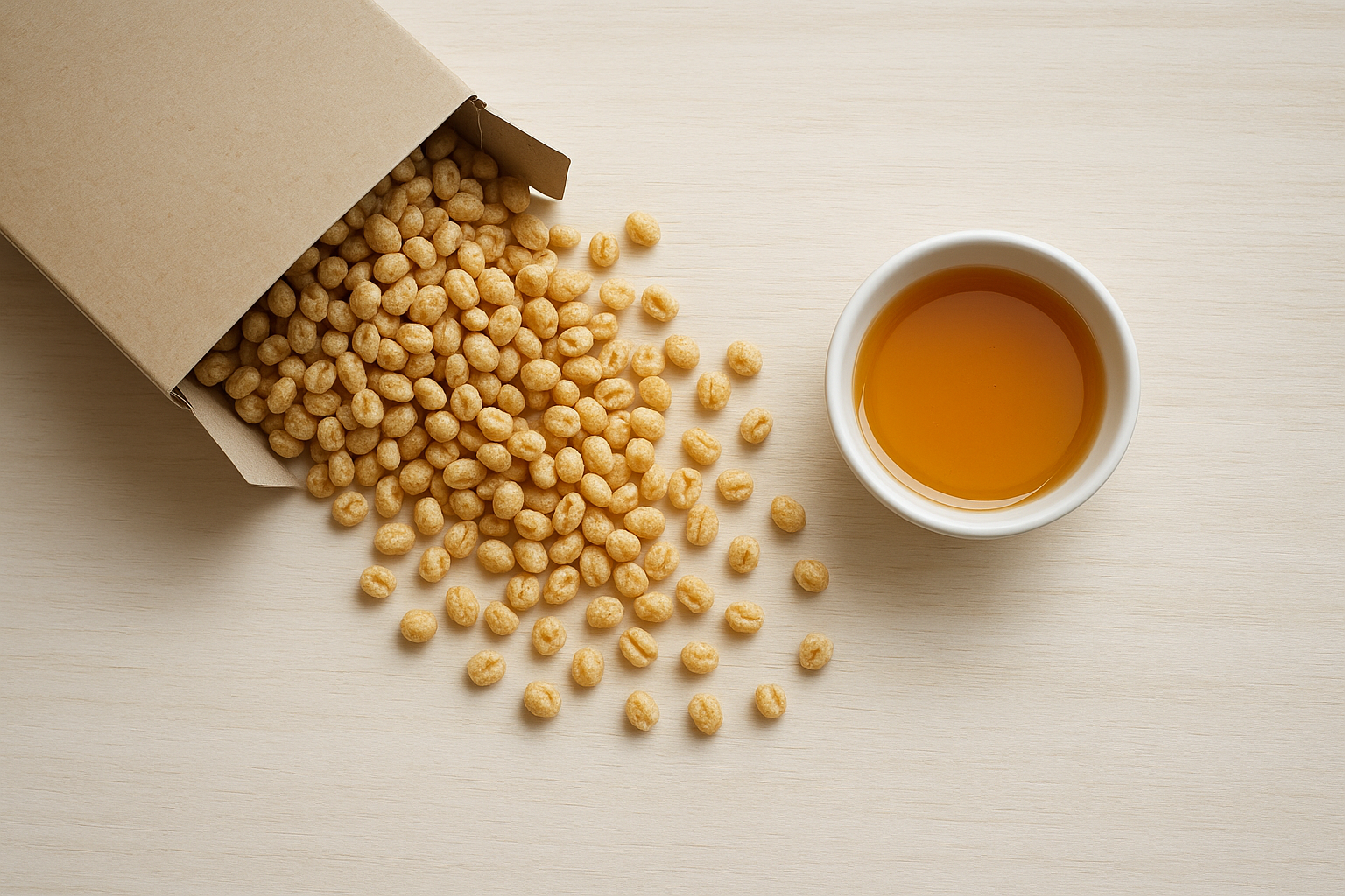 Puffed organic cereal pouring from a box next to a bowl of honey on a wooden table